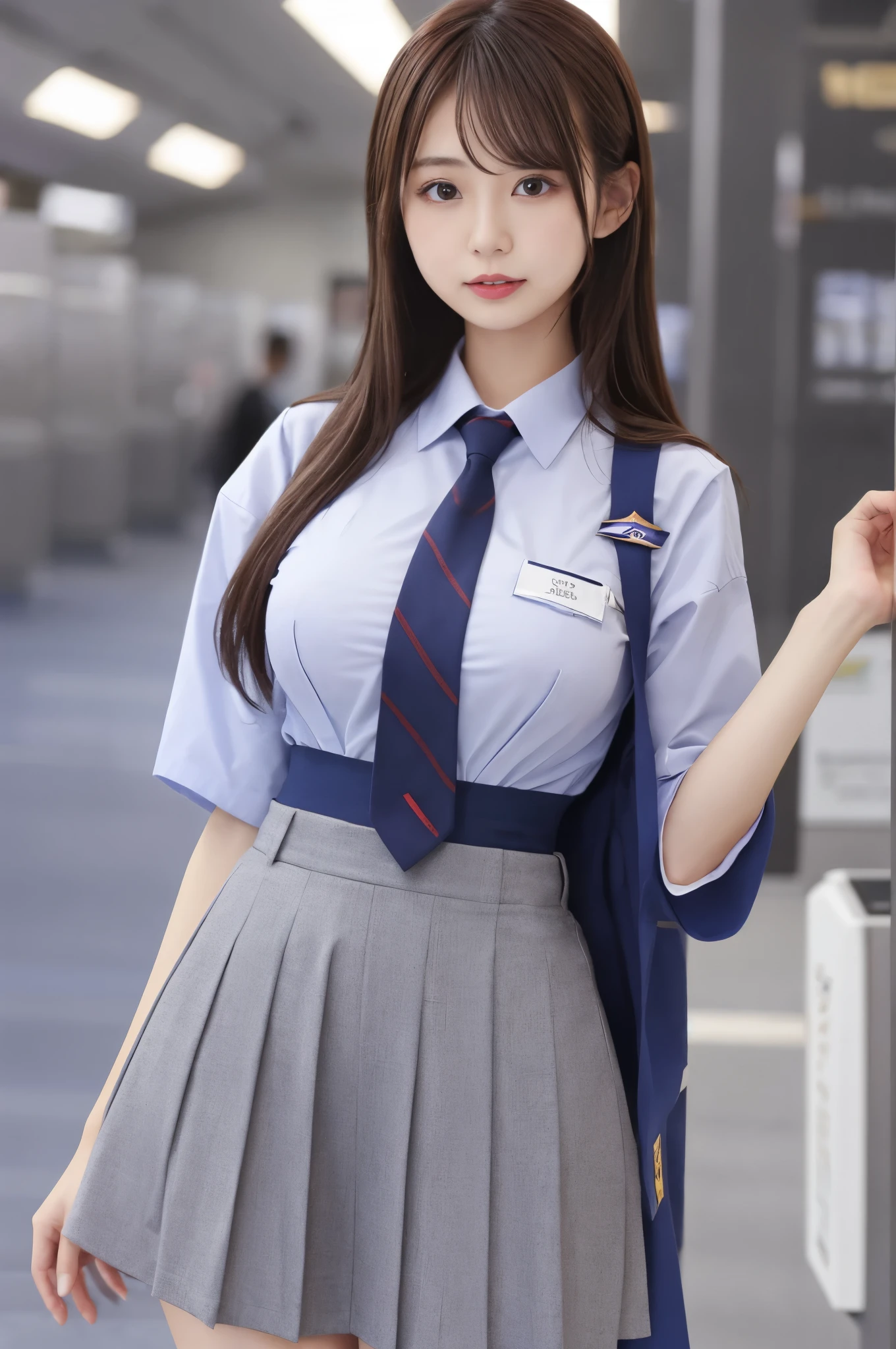 japanaese girl、Girl in her 20s、perfect body type、Transparency、huge tit、Stewardess uniform、Navy blue tie、Navy blue skirt、Pink shirt、hposing Gravure Idol