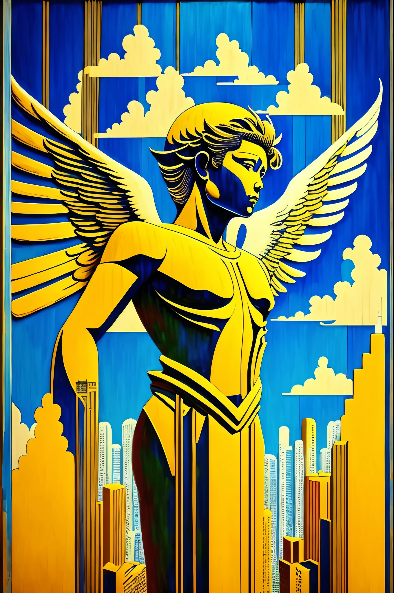 Luxurious, Computer World City View, Korean angel with wings, very nicely, in the center of the sky, Spread the wings, shining brightly, Basquiat Style, van gogh style,