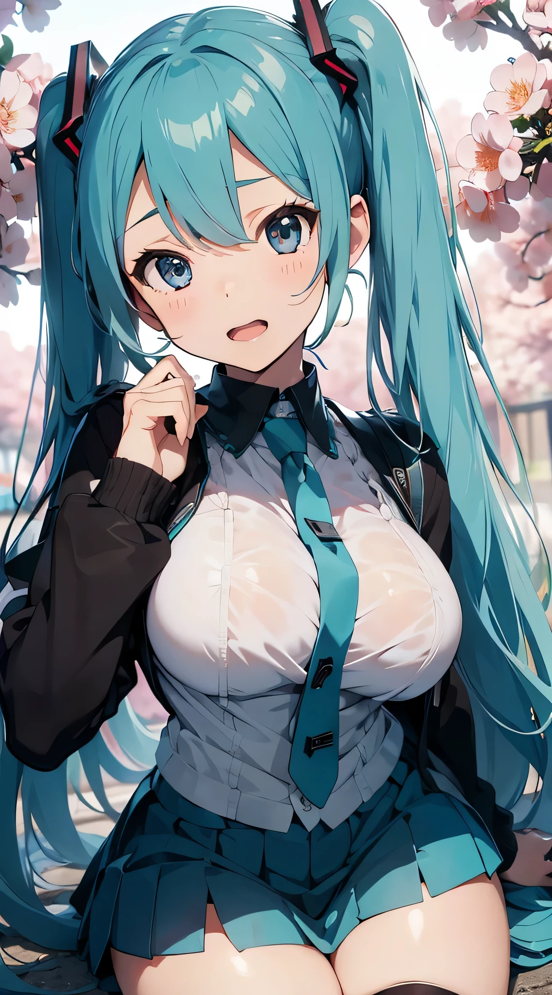 Hatsune Miku with big breasts,cute big breasts,is a perfect face,sakurabackground,Common