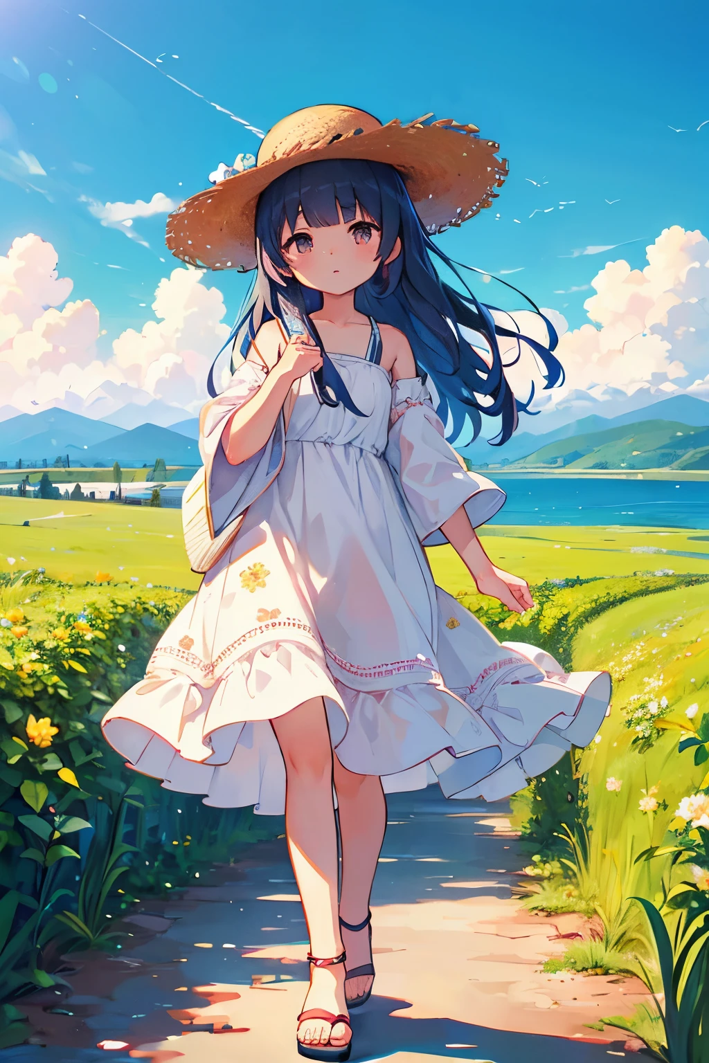 top-quality、masutepiece、Steppe with mountains and sea in the distance、Wearing a straw hat1People Girls、Looking Up、Hold your hand over it、White floral dress、sandal、Clear face、Normal toes、Normal Hand Fingers、Normal limbs、