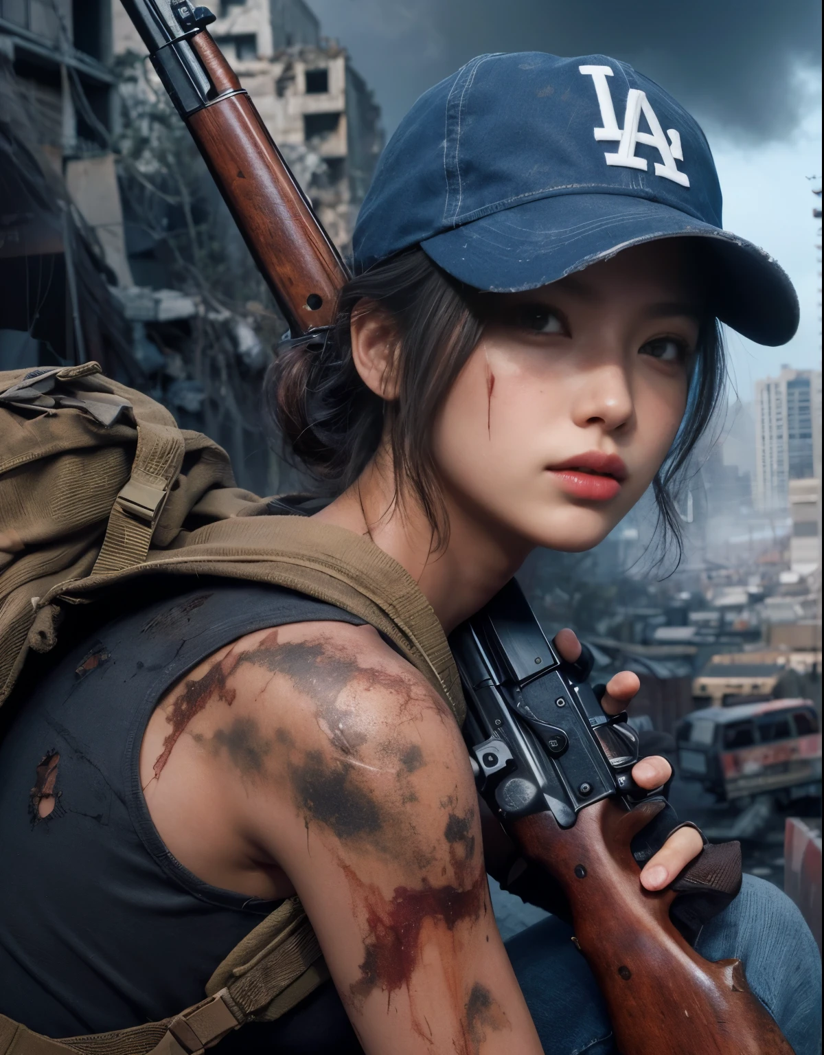 Photorealsitic、realistic skin textures、automatic rifle、wounds