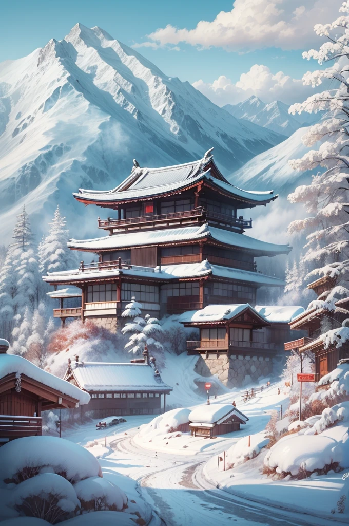 (Best Quality, 8K, masutepiece :1.3), snow mountains, Quiet snow-capped landscape, Breathtaking natural landscapes, Outside, traditional japanese building, quiet mountain resort, A quiet winter wonderland, Snow-covered peaks, Majestic beauty, pristine white snow,