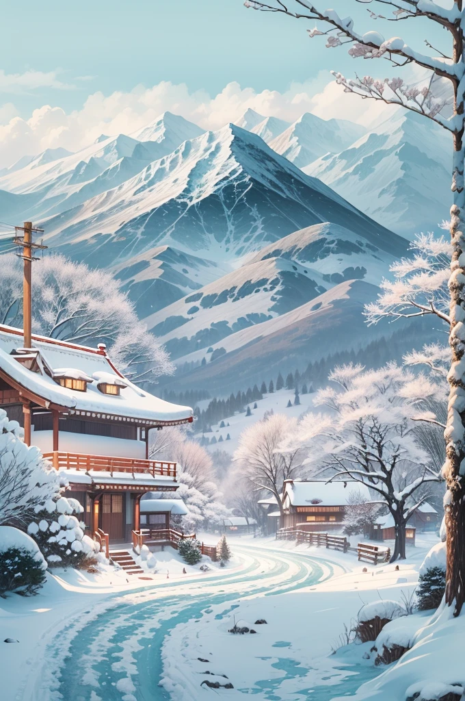 (Best Quality, 8K, masutepiece :1.3), snow mountains, Quiet snow-capped landscape, Breathtaking natural landscapes, Outside, traditional japanese building, quiet mountain resort, A quiet winter wonderland, Snow-covered peaks, Majestic beauty, pristine white snow,