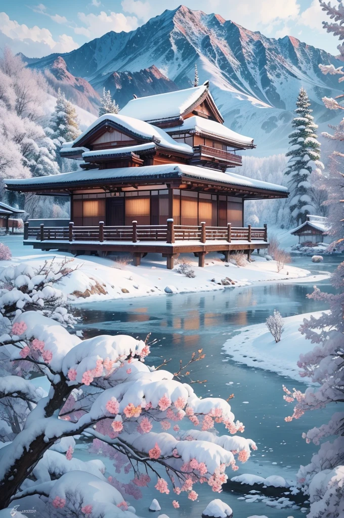 (Best Quality, 8K, masutepiece :1.3), snow mountains, Quiet snow-capped landscape, Breathtaking natural landscapes, Outside, traditional japanese building, quiet mountain resort, A quiet winter wonderland, Snow-covered peaks, Majestic beauty, pristine white snow,