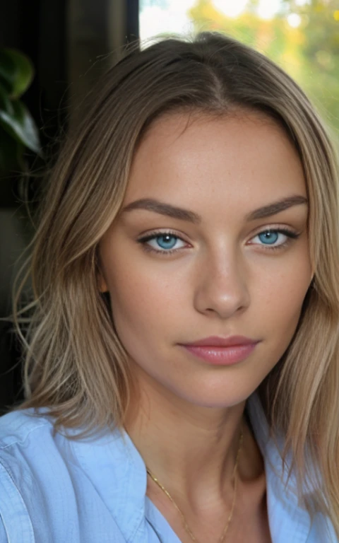 (Hélène Lovista) Photo d’une belle belle femme, 24 ans, corps parfaitement ajusté, gros yeux bleus , longs cheveux blonds venteux en désordre, yeux bleus , Visages blonds reflets,  Détailée seductive eyes, porter une blouse sociale, boire du café, Mocachino, avec arrière-plan flou, chef-d&#39;Un travail de la plus haute qualité, photoréaliste, Détailée, 8k, Hdr, faible profondeur de champ, Lumière large, contraste élevé, contre-jour, fleurir, Lueurs lumineuses, aberration chromatique, mise au point nette, photo couleur RAW