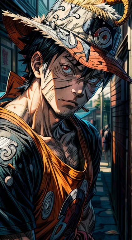 (RAW Photo, Best Quality), (Realistic, Photorealistic Photo: 1.3), Best Quality, Highly Detailed, Masterpiece, Ultra Detailed, Illustration, Anime, a close up of a person with a hat on and a bag, naruto uzumaki, from naruto, naruto, joker looks like naruto, naruto artstyle, joker as naruto, uzumaki, pain from naruto, luffy dressed as naruto, naruto in gta v, in a anime masterpiece, anime style”, best anime character design, kakashi, anime masterpiece, background should be epic, upper body, high detail on dress, Best Quality, Extremely Detailed CG Unified 8k Wallpaper, Ink, Amazing, badass look, portrait, close up (skin texture), intricately detailed, fine details, hyperdetailed.