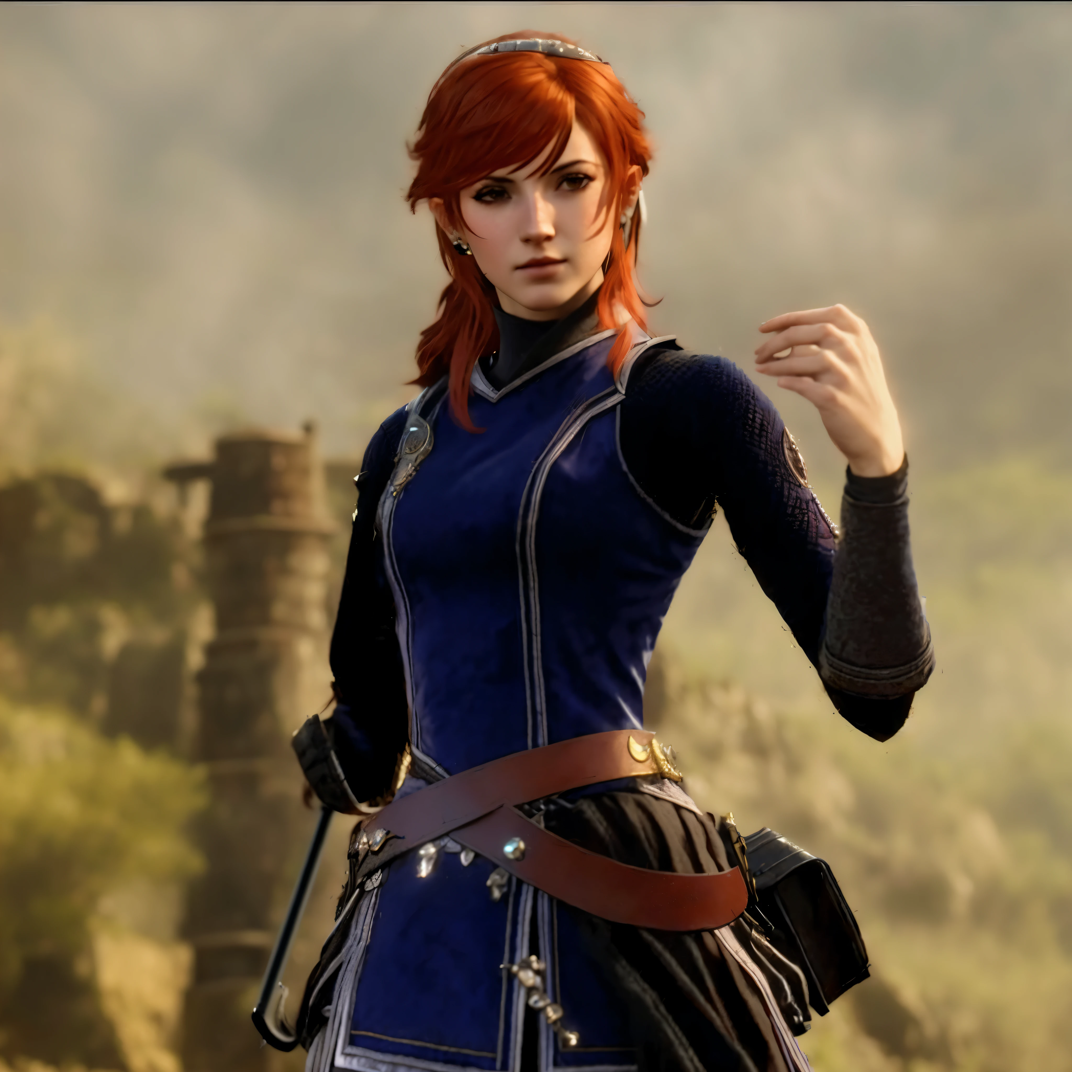 mulher arafada em uma roupa azul segurando uma arma e uma arma, female redhead templar, mortos ou vivos 6, como personagem em tekken, female leaPersonagem D, estilo final fantasy 14, protagonista feminina 👀 :8, protagonista feminina, Ciarina, video game character, como um d & Personagem D, personagem feminina, cinematic full character, d&d protagonista