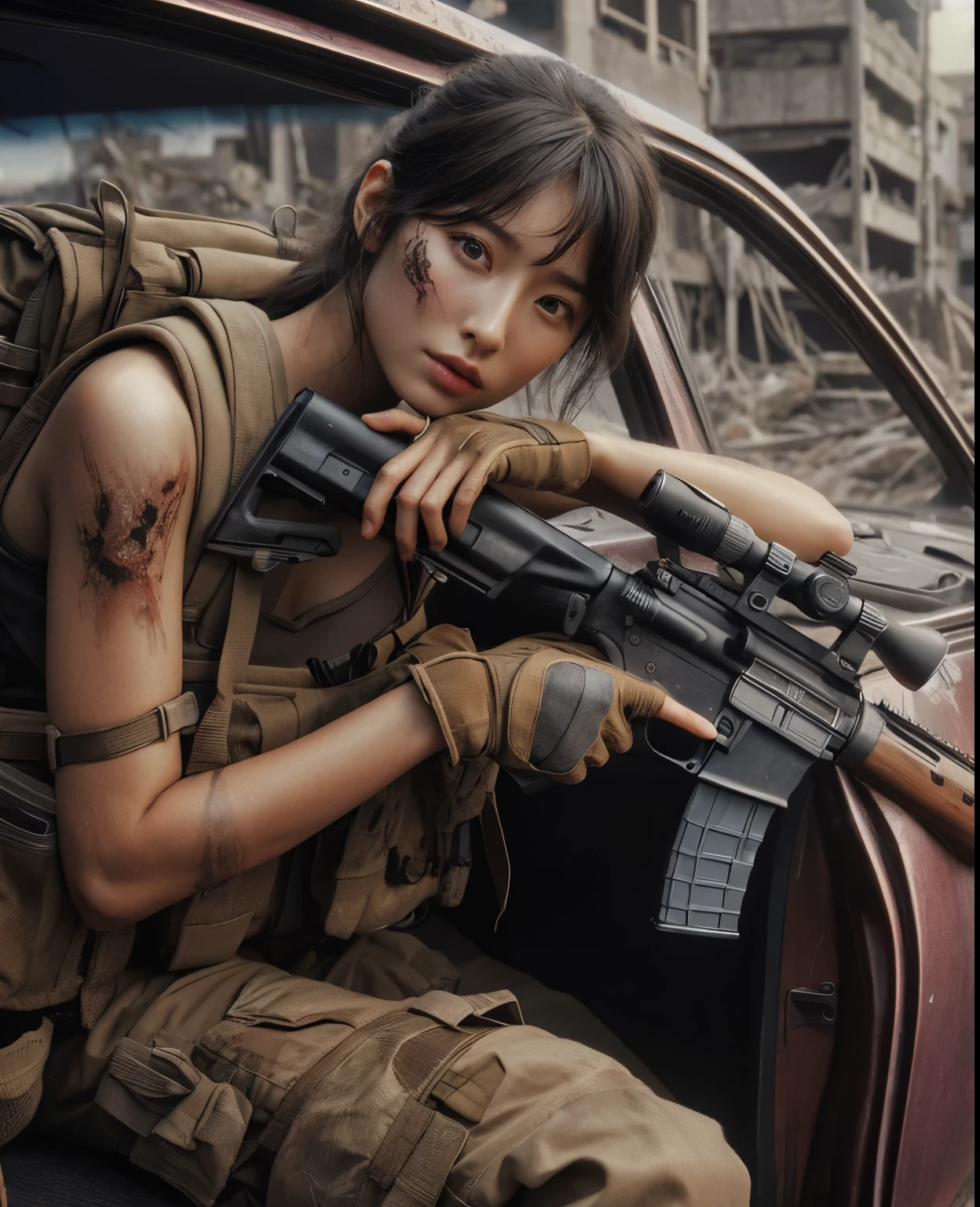 Photorealsitic、realistic skin textures、automatic rifle