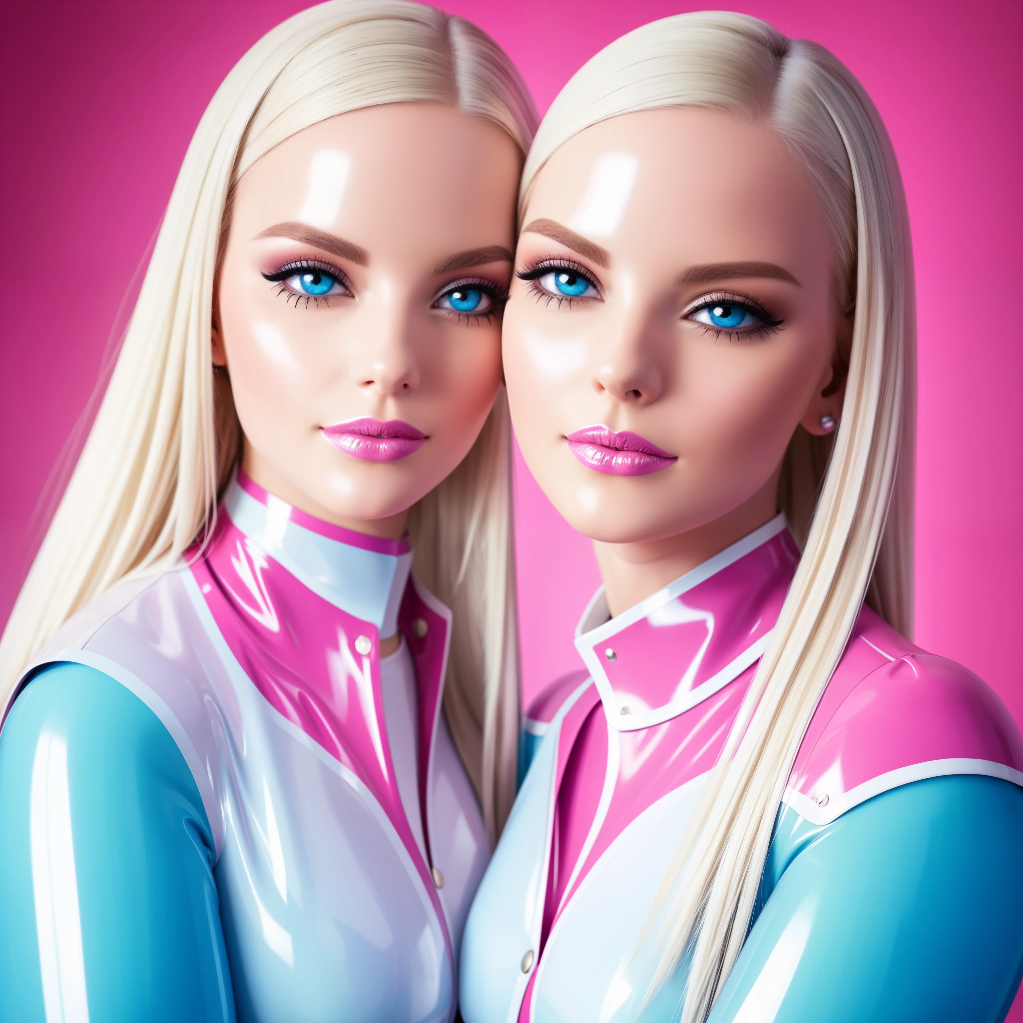 ((best quality)), ((Meisterwerk)), (Detailliert), Perfektes Gesicht, Gorgeous twin girls,blondes Haar, pink blue Latexbluse, pink Latex blouse buttoned up, white Latex Bluse detailliert, shiny light blue latex skirt, shiny pink latex stockings, Red Shiny Lacquer PVC Shoes, Perfektes Gesicht,Detaillierte Augen, Detaillierte Lippen, Detailed hands, lange Wimpern, vollbusig, niedlich, portrait, hight resolution, realistisch, Studiobeleuchtung, Lebendige Farben