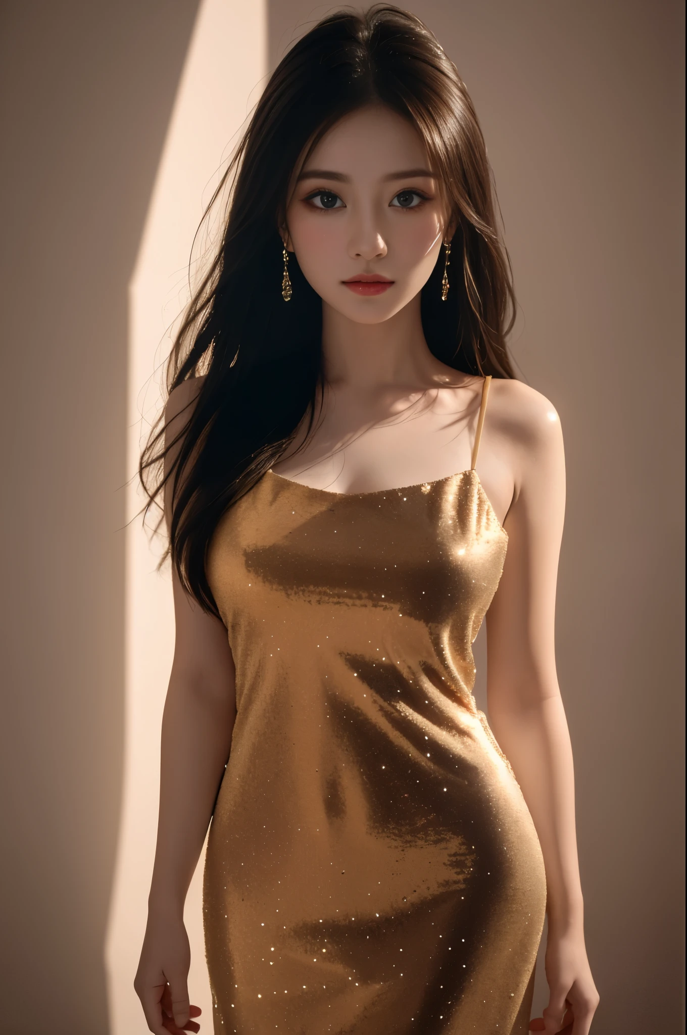 dress,, Best quality at best,tmasterpiece,A high resolution,1 busty girl,dingdall effect,realistically,edge lit,two color lights,(highdetailskin:1.2),8k ultra high definition,pure,Dolce,Based on physical rendering,Perfect light and shadow,extremly high detail,Raised sexy,perfect body figure,Extremely beautiful,largeeyes,long eyelasher,The pupil texture is delicate,Perfect pupil quality,tmasterpiece,16k,photore,Bigchest,