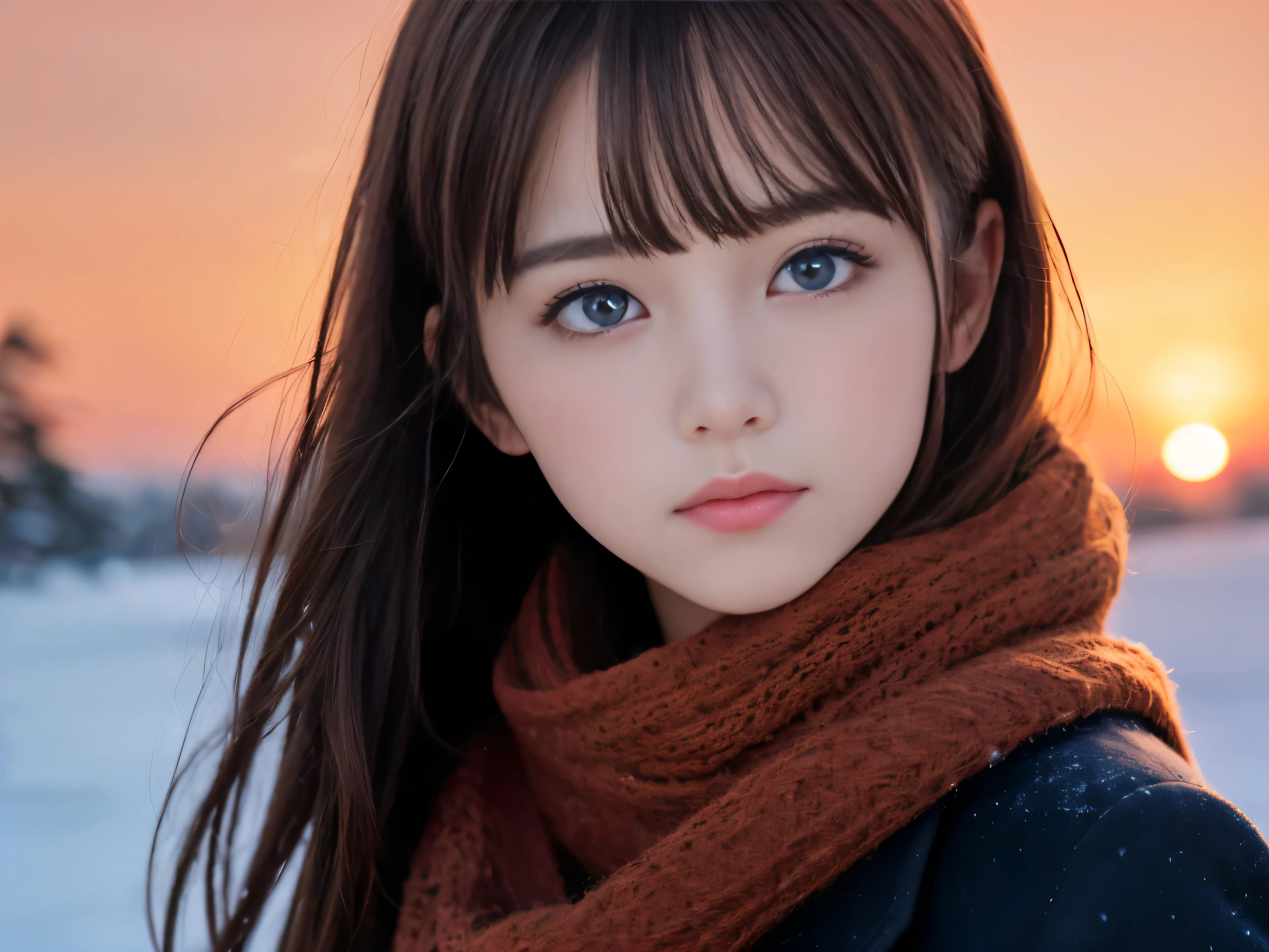 (Close-up of the face of a slender blue-eyed brown long-haired girl with blunt bangs in winter clothes with a winter coat and scarf :1.5)、(A girl looking back with a sad face:1.5)、(Girl's hair fluttering in the wind:1.5)、(Big sunset red sky covered with beautiful snow:1.5)、(Perfect Anatomy:1.3)、(No mask:1.3)、(complete fingers:1.3)、Photorealistic、Photography、masutepiece、top-quality、High resolution, delicate and pretty、face perfect、Beautiful detailed eyes、Fair skin、Real Human Skin、((thin legs))