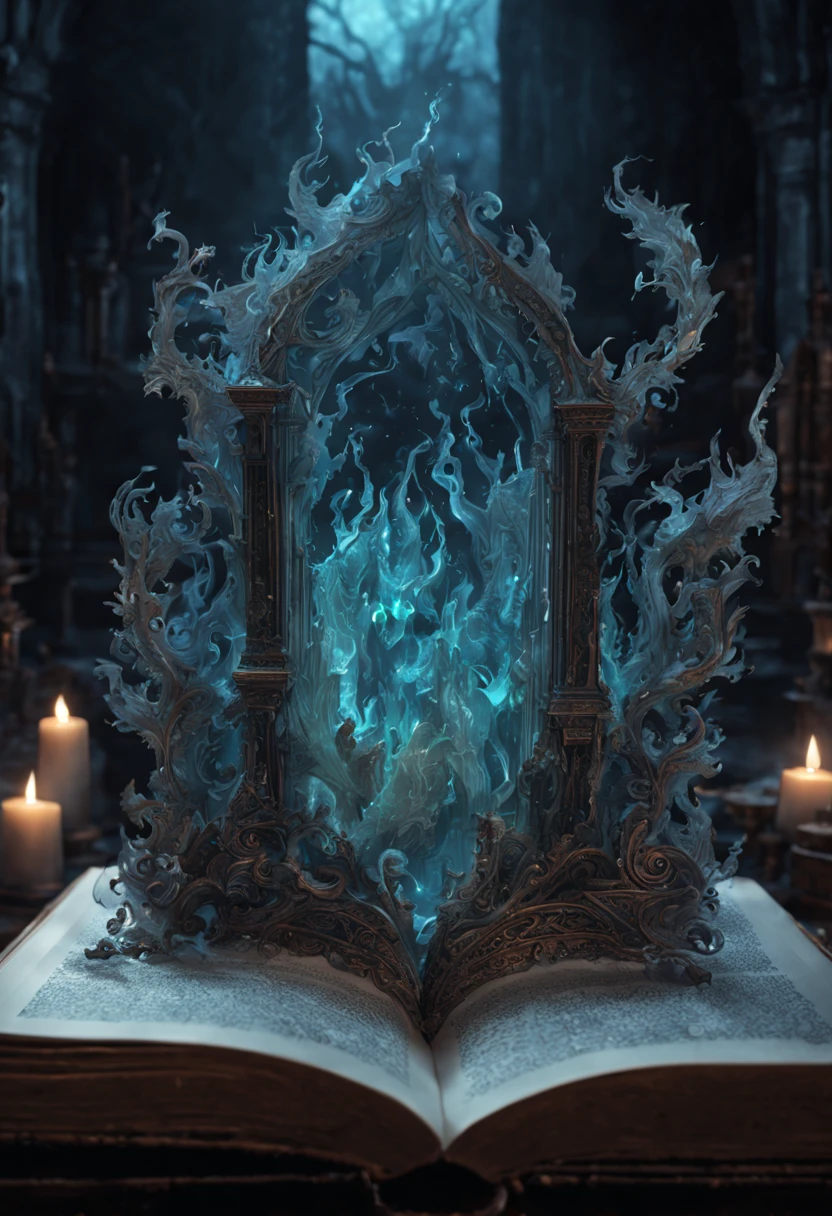 Intricately detailed necronomicon Fantasy book of the dead, Open book, Cursed fantasy book where (Multiple See through Translucent misty holographic silhouette intricate 3D spiritual multiple ghosts come forth and rise up from the middle of fantasy looking pages: 1.2), surrounded by ethereal plasma effects Glittering Sparkling atmospheric darkness, (Cinematic, hyperdetailed, splash art, intricately detailed, a masterpiece, 8k resolution, dark fantasy concept art, dynamic lighting, trending on Artstation, deep color, volumetric lighting, Ray tracing: .9)