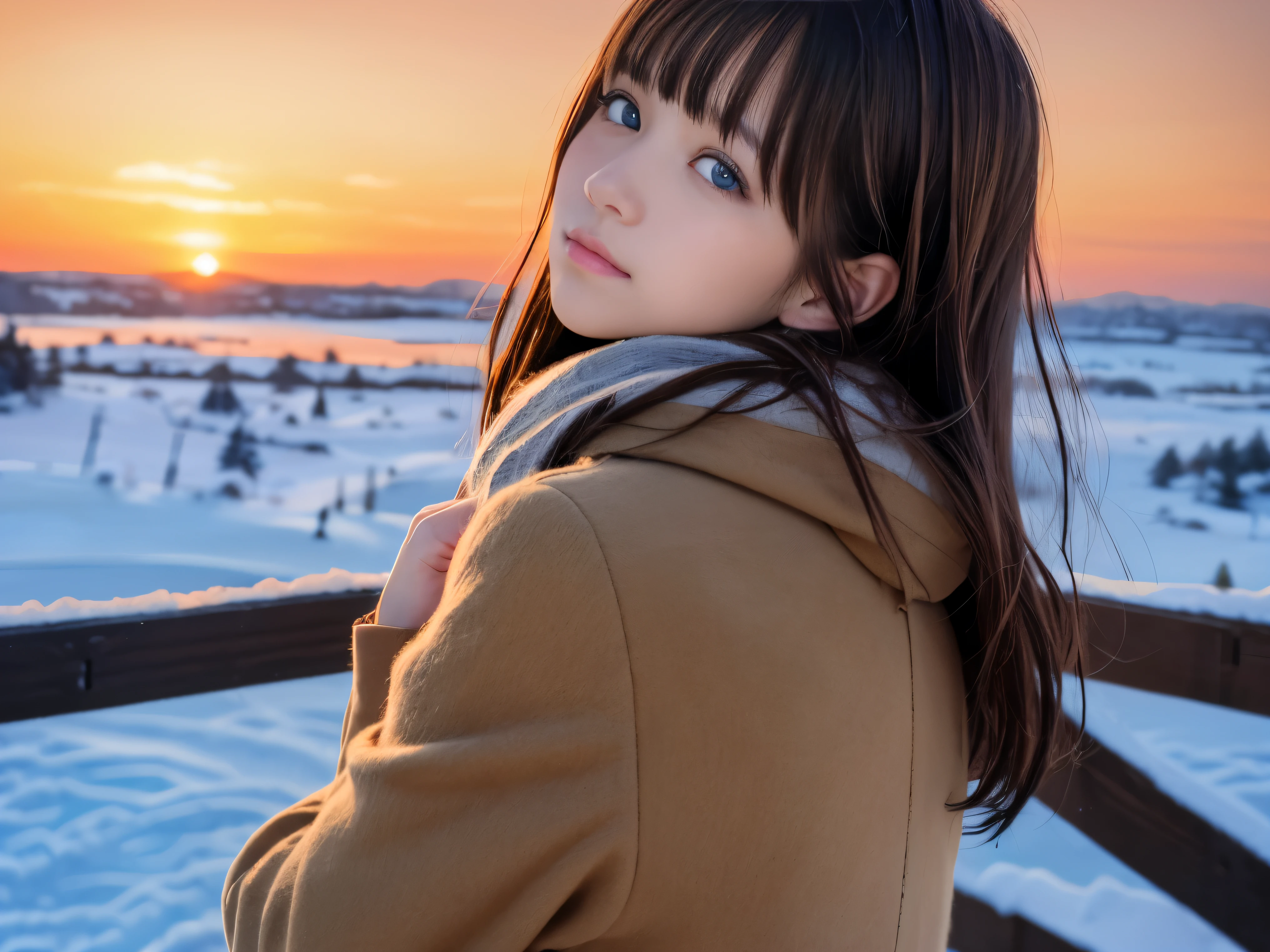 (Close-up of the face of a slender blue-eyed brown long-haired girl with blunt bangs in winter clothes with a winter coat and scarf :1.5)、(A girl looking back with a sad face:1.5)、(Girl's hair fluttering in the wind:1.5)、(Big sunset red sky covered with beautiful snow:1.5)、(Perfect Anatomy:1.3)、(No mask:1.3)、(complete fingers:1.3)、Photorealistic、Photography、masutepiece、top-quality、High resolution, delicate and pretty、face perfect、Beautiful detailed eyes、Fair skin、Real Human Skin、((thin legs))