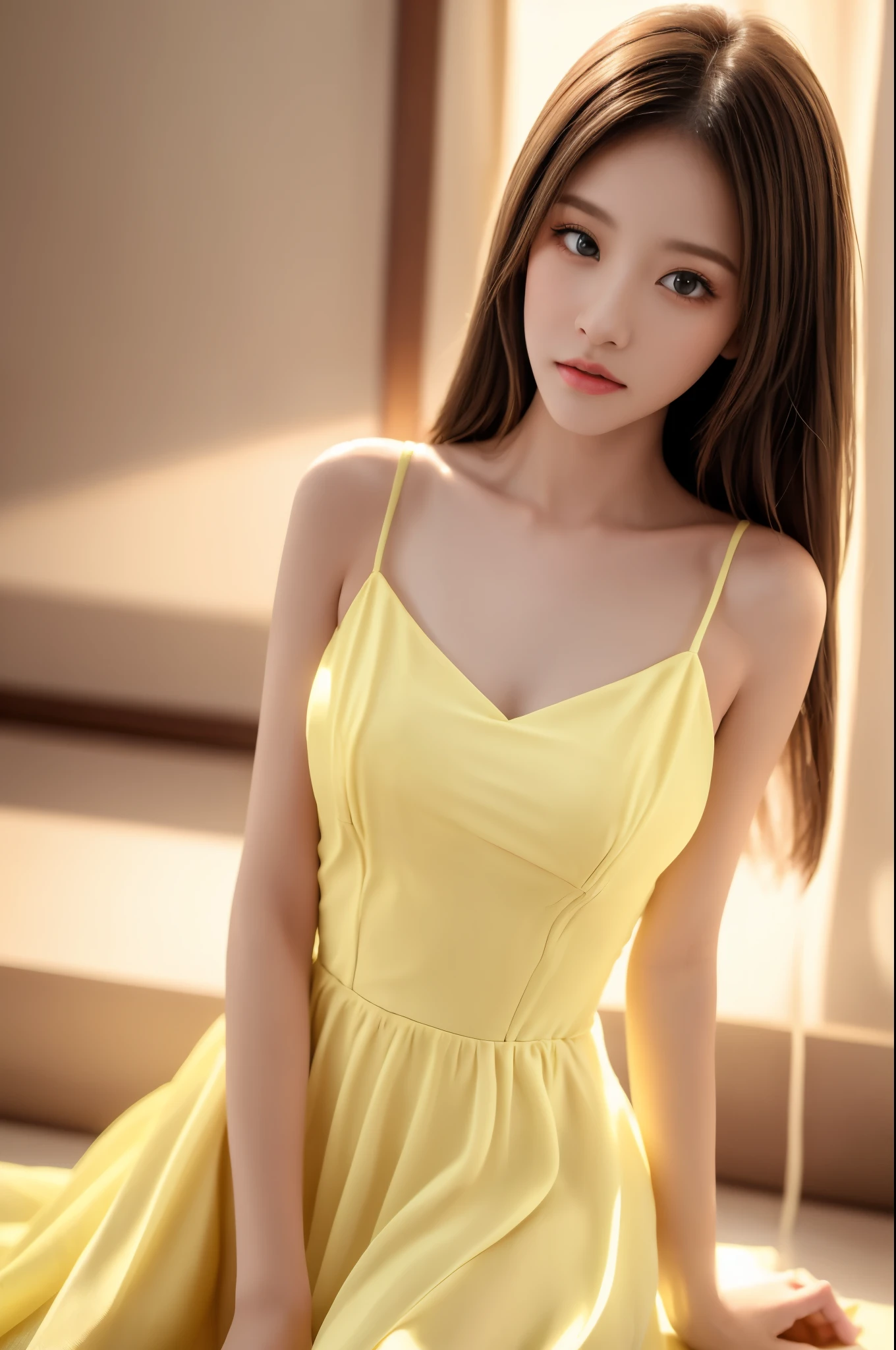 Sweet girl clothes9,yellow dress,,, Best quality at best，tmasterpiece，A high resolution，1 busty girl，dingdall effect，realistically，edge lit，two color lights，（highdetailskin：1.2），8k ultra high definition，pure，Dolce，Based on physical rendering，Perfect light and shadow，extremly high detail，Raised sexy，perfect body figure，Extremely beautiful，largeeyes，long eyelasher，The pupil texture is delicate，Perfect pupil quality，tmasterpiece，16k，photore，Bigchest，