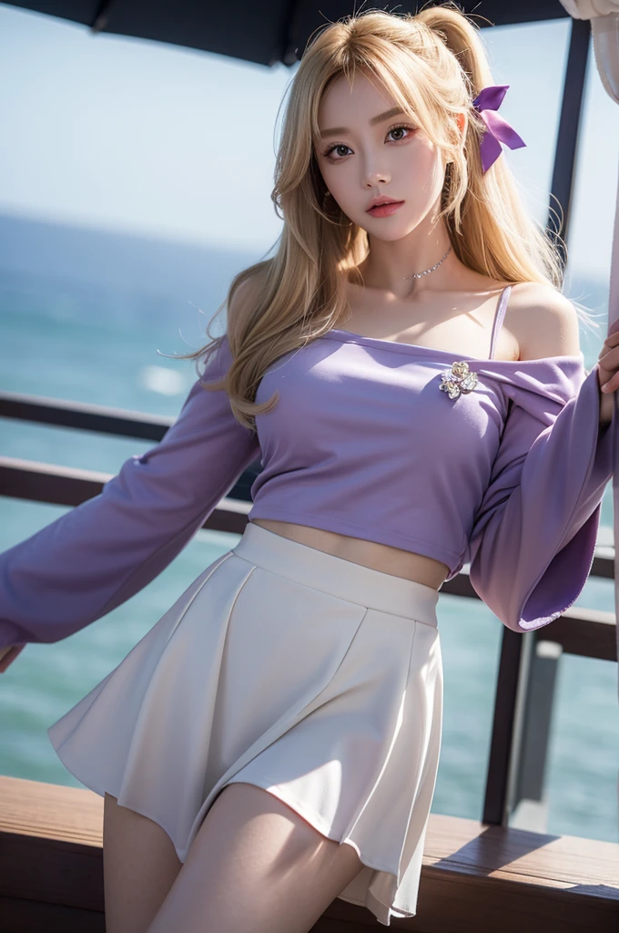 (dynamic angle:1.3),Extreme closeup,有风's,Movie Highlights,1个Giant Breast Girl,The upper part of the body,dance,looking at viewert, purpleish color_evergarden, 独自's, jewely, blank The eye,brooch, blond hairbl_the hair,( vevry lon hair:1.2),floatinfalong_the sleeve, ribbons, 蓝色's_The eye, jaket, a skirt, Pedras preciosas, the hair_ribbons,Skysky, Depth-of-fie_'s_venue, a close view 's flying petal,