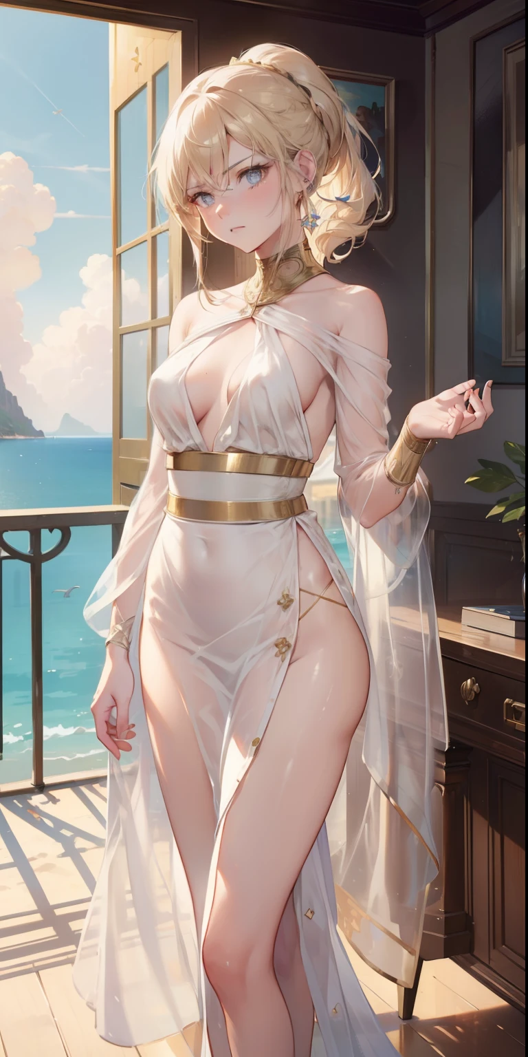 (masterpiece, high quality: 1.4), ((Bondage)), A professional full body photo of a beautiful 45 year old ana de armas wearing nipple clamps, toned physique, neutral expression, sci-fi, high quality, detailed eyes, eyelashes, detailed jewelry, thin face, Beehive blonde ponytail, slim waist, thin thighs, average build, toned muscles, golden hour, tropical island, beach, luxury resort, sea view by Ed Blinkey, Atey Ghailan, Alphonse Mucha, Antonio Moro, trending on ArtStation, trending on CGSociety, Intricate, High detail, Sharp focus, dramatic, midjourney photorealistic art, fantasy