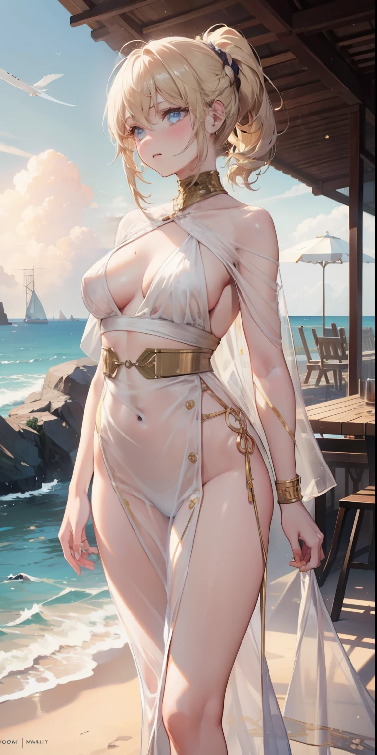 (masterpiece, high quality: 1.4), ((Bondage)), A professional full body photo of a beautiful 45 year old ana de armas wearing nipple clamps, toned physique, neutral expression, sci-fi, high quality, detailed eyes, eyelashes, detailed jewelry, thin face, Beehive blonde ponytail, slim waist, thin thighs, average build, toned muscles, golden hour, tropical island, beach, luxury resort, sea view by Ed Blinkey, Atey Ghailan, Alphonse Mucha, Antonio Moro, trending on ArtStation, trending on CGSociety, Intricate, High detail, Sharp focus, dramatic, midjourney photorealistic art, fantasy