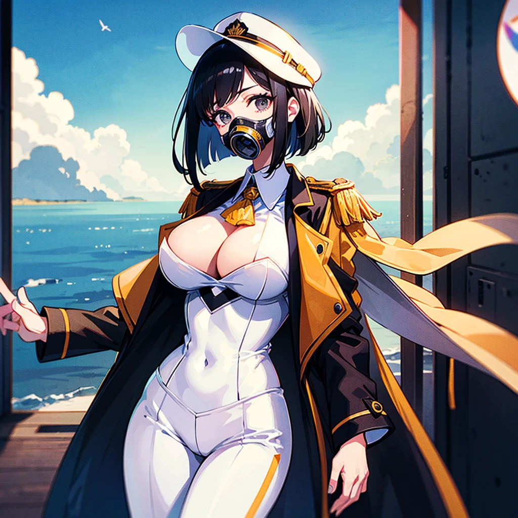 (((masterpiece)))、(((Top image quality)))、(((top-quality)))、(Illustration of one woman)、30-years old、(Viceroy)、Black hair bob cut、((Face covering gas mask))、Gray eyes、((Tall))、((huge tit))、((Military uniforms))、((Military Cap))、((Military coat))、(white clothes)、(White pants)、(White cap)、trench coat、((kosmos船の中))、(Outside the window、kosmos、kosmosから見た地球、kosmos港)