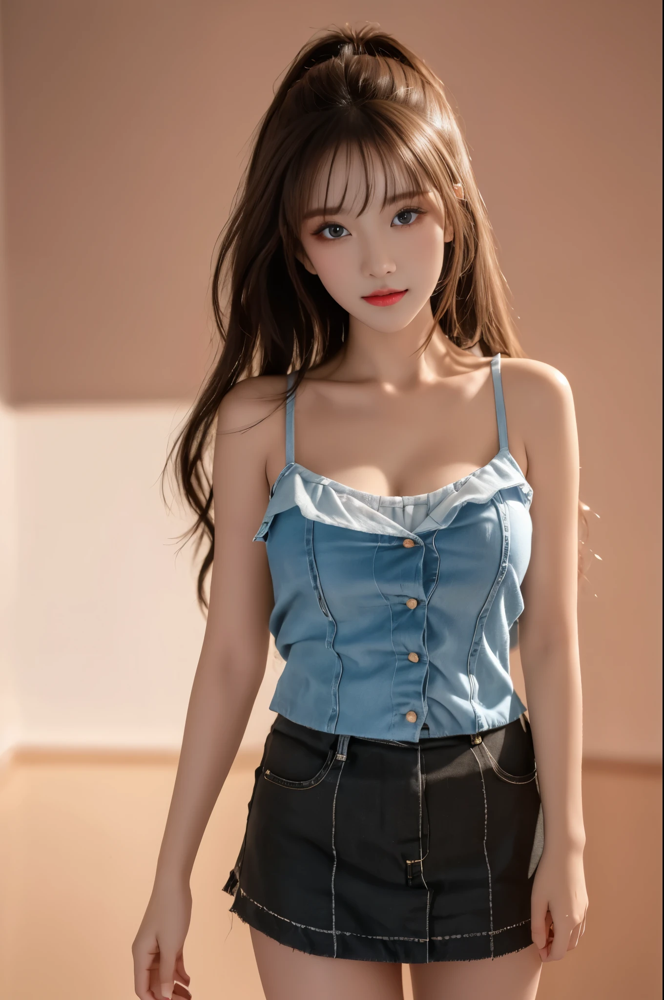 Sweet girl clothes7,skirt,, Best quality at best，tmasterpiece，A high resolution，1 busty girl，dingdall effect，realistically，edge lit，two color lights，（highdetailskin：1.2），8k ultra high definition，pure，Dolce，Based on physical rendering，Perfect light and shadow，extremly high detail，Raised sexy，perfect body figure，Extremely beautiful，largeeyes，long eyelasher，The pupil texture is delicate，Perfect pupil quality，tmasterpiece，16k，photore，Bigchest，