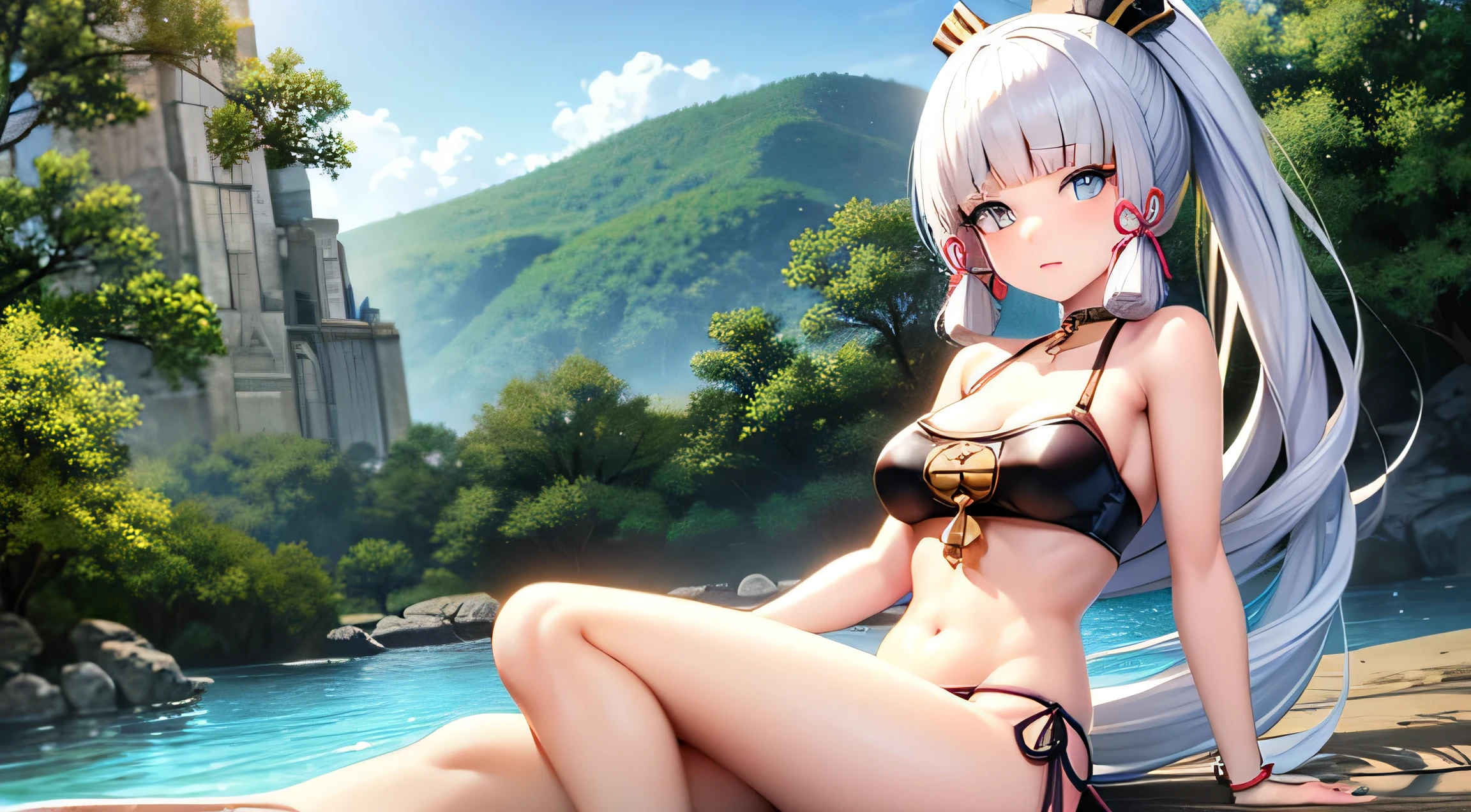 Anime girl, Kamisato Ayaka from gensin impact, in the bikini, white hair, masterpiece, Perfect body, cute face, 4k, ultra hight quality, best quality,