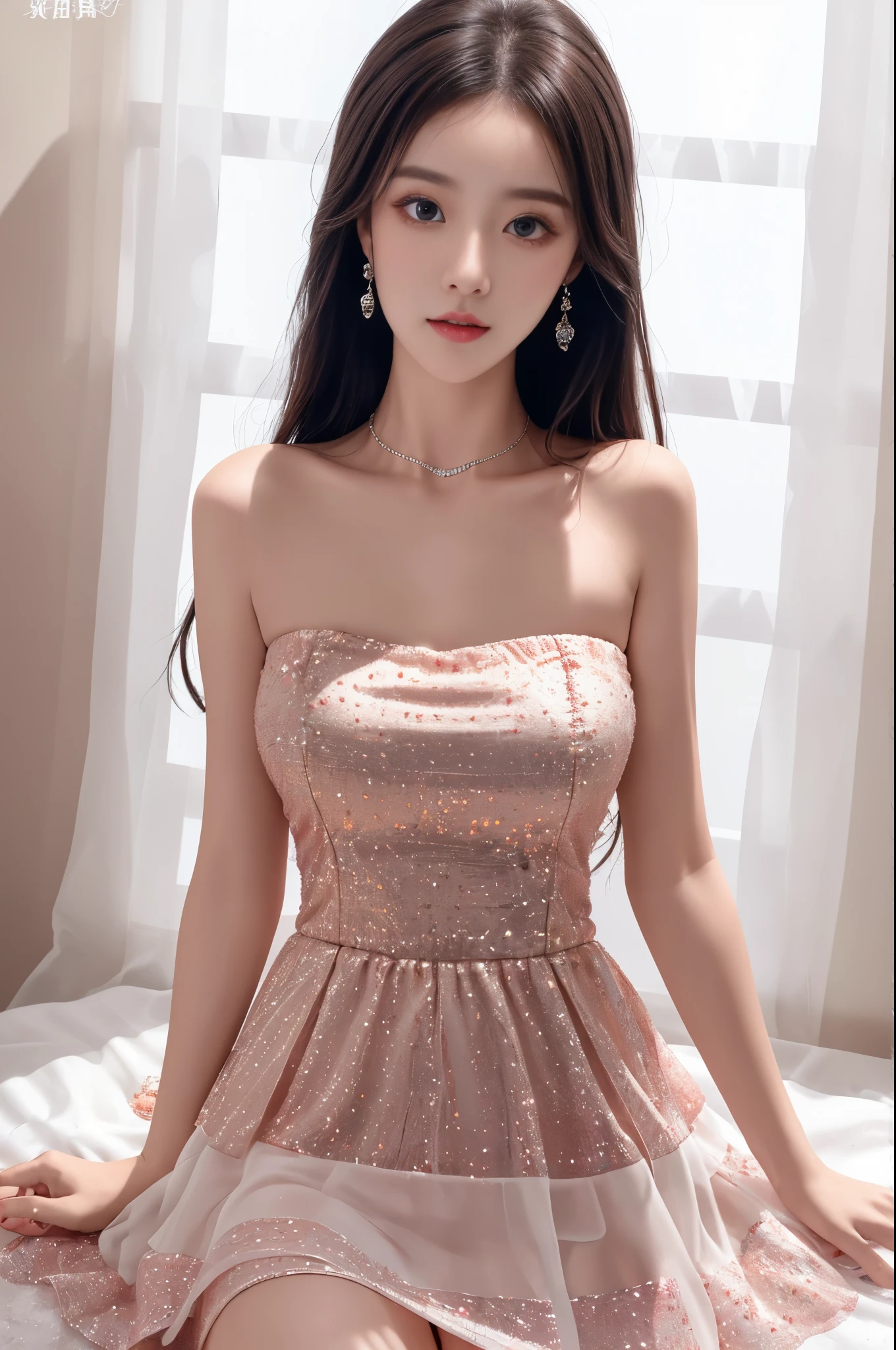 Sweet girl clothes4,strapless dress,jewelry, Best quality at best,tmasterpiece,A high resolution,1 busty girl,dingdall effect,realistically,edge lit,two color lights,(highdetailskin:1.2),8k ultra high definition,pure,Dolce,Based on physical rendering,Perfect light and shadow,extremly high detail,Raised sexy,perfect body figure,Extremely beautiful,largeeyes,long eyelasher,The pupil texture is delicate,Perfect pupil quality,tmasterpiece,16k,photore,Bigchest,