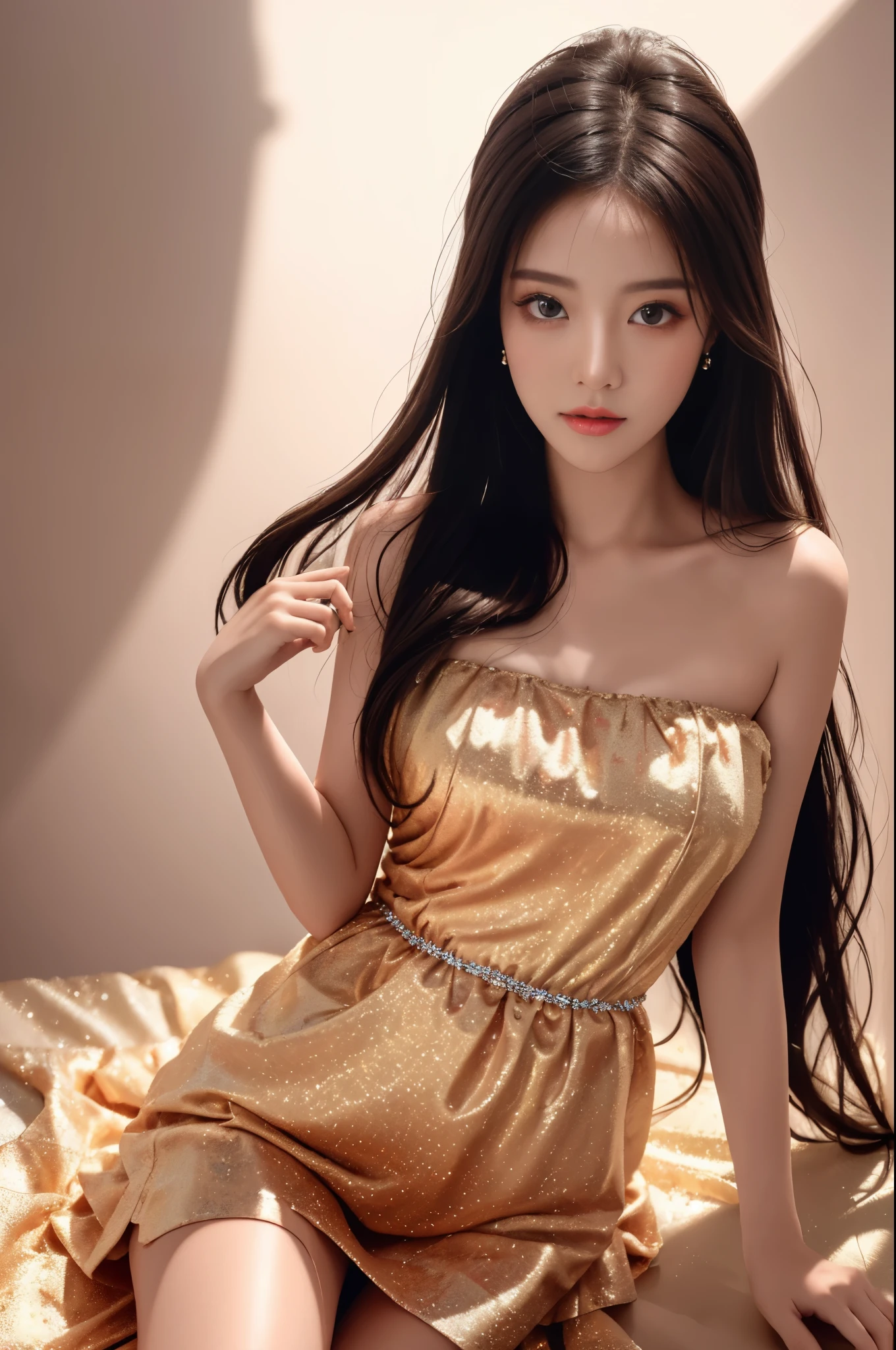 Sweet girl clothes4,strapless dress,jewelry, Best quality at best,tmasterpiece,A high resolution,1 busty girl,dingdall effect,realistically,edge lit,two color lights,(highdetailskin:1.2),8k ultra high definition,pure,Dolce,Based on physical rendering,Perfect light and shadow,extremly high detail,Raised sexy,perfect body figure,Extremely beautiful,largeeyes,long eyelasher,The pupil texture is delicate,Perfect pupil quality,tmasterpiece,16k,photore,Bigchest,