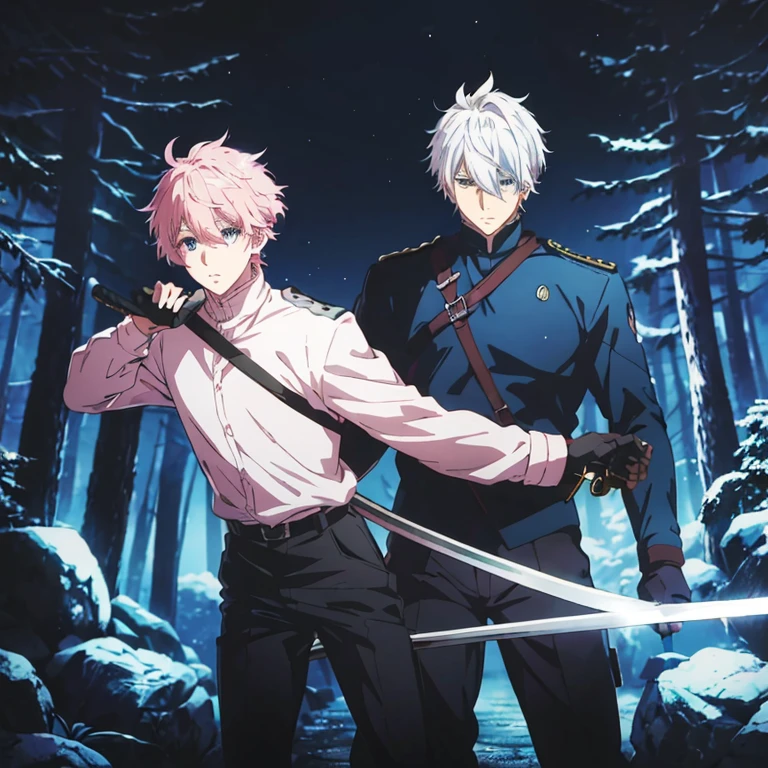 (anime boy)
(Short hair with pink ponytail).
(Eyes, blind in one eye, silver color).
(vertimeta hunting boot with black pants white shirt with blue jacket with black gloves)
(in a forest at night carrying a katana sword).