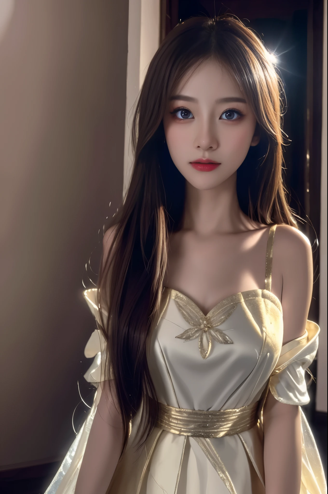 Best quality at best,tmasterpiece,A high resolution,1 busty girl,dingdall effect,realistically,edge lit,two color lights,(highdetailskin:1.2),8k ultra high definition,pure,Dolce,Based on physical rendering,Perfect light and shadow,extremly high detail,Raised sexy,perfect body figure,Extremely beautiful,largeeyes,long eyelasher,The pupil texture is delicate,Perfect pupil quality,tmasterpiece,16k,photore,Bigchest,