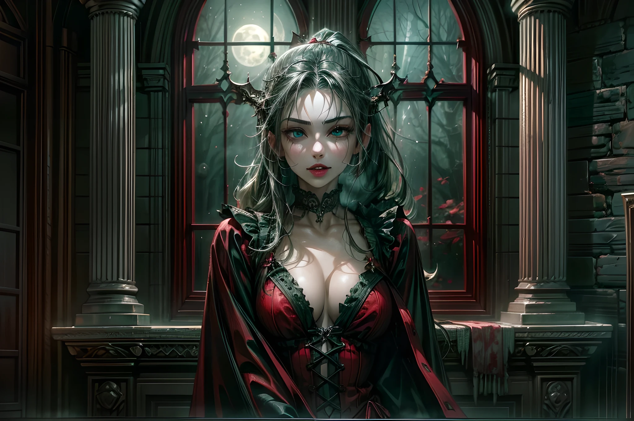 icture of vampire standing in the front of her home, an exquisite beautiful female vampire in her front door of her home, full body (ultra detailed, Masterpiece, best quality), ultra detailed face (ultra detailed, Masterpiece, best quality), grey skin: 1.3 , blond hair, hair in a ponytail, long hair, blue eyes, cold eyes, glowing eyes, intense eyes, smile with [drops of blood on face] (ultra detailed, Masterpiece, best quality), dark red lips, [vampire fangs], wearing red dress (ultra detailed, Masterpiece, best quality), (green: 1.4) dark green cloak, (green: 1.3) green high heeled boots in front of her home, high details, best quality, 16k, [ultra detailed], masterpiece, best quality, (ultra detailed), full body, ultra wide shot, photorealism, luis royo style, dark fantasy art, moon light coming through the window, moon rays, gothic art, sense of dread, sense of seduction, bloodmagic