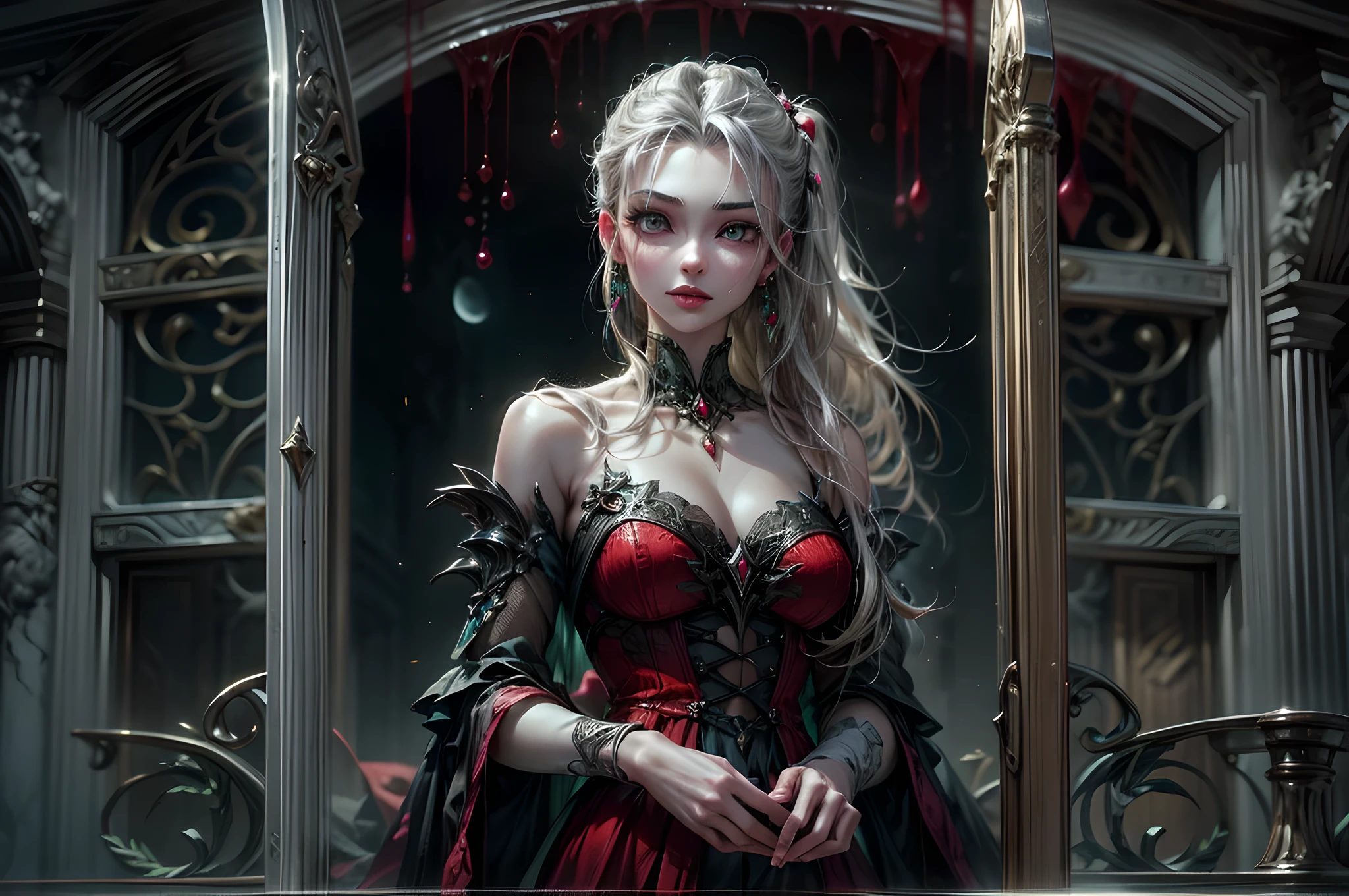 icture of vampire standing in the front of her home, an exquisite beautiful female vampire in her front door of her home, full body (ultra detailed, Masterpiece, best quality), ultra detailed face (ultra detailed, Masterpiece, best quality), grey skin: 1.3 , blond hair, hair in a ponytail, long hair, blue eyes, cold eyes, glowing eyes, intense eyes, smile with [drops of blood on face] (ultra detailed, Masterpiece, best quality), dark red lips, [vampire fangs], wearing red dress (ultra detailed, Masterpiece, best quality), (green: 1.4) dark green cloak, (green: 1.3) green high heeled boots in front of her home, high details, best quality, 16k, [ultra detailed], masterpiece, best quality, (ultra detailed), full body, ultra wide shot, photorealism, luis royo style, dark fantasy art, moon light coming through the window, moon rays, gothic art, sense of dread, sense of seduction, bloodmagic