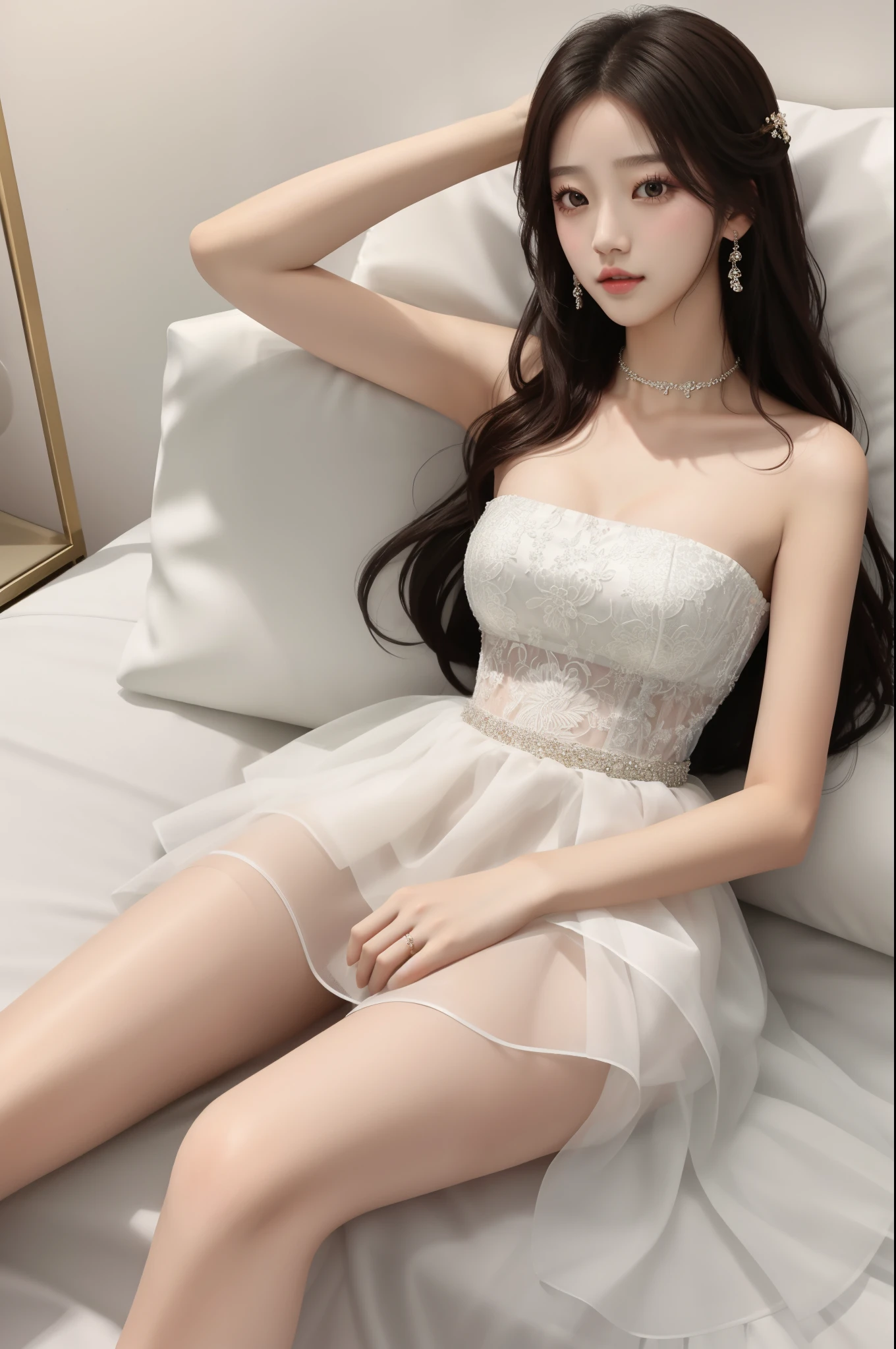 Sweet girl clothes4,strapless dress,jewelry, (非常详细的 CG 统一 8k 壁纸),most beautiful artwork in the world,1girl,The upper part of the body,kpop idol,jisoo,
