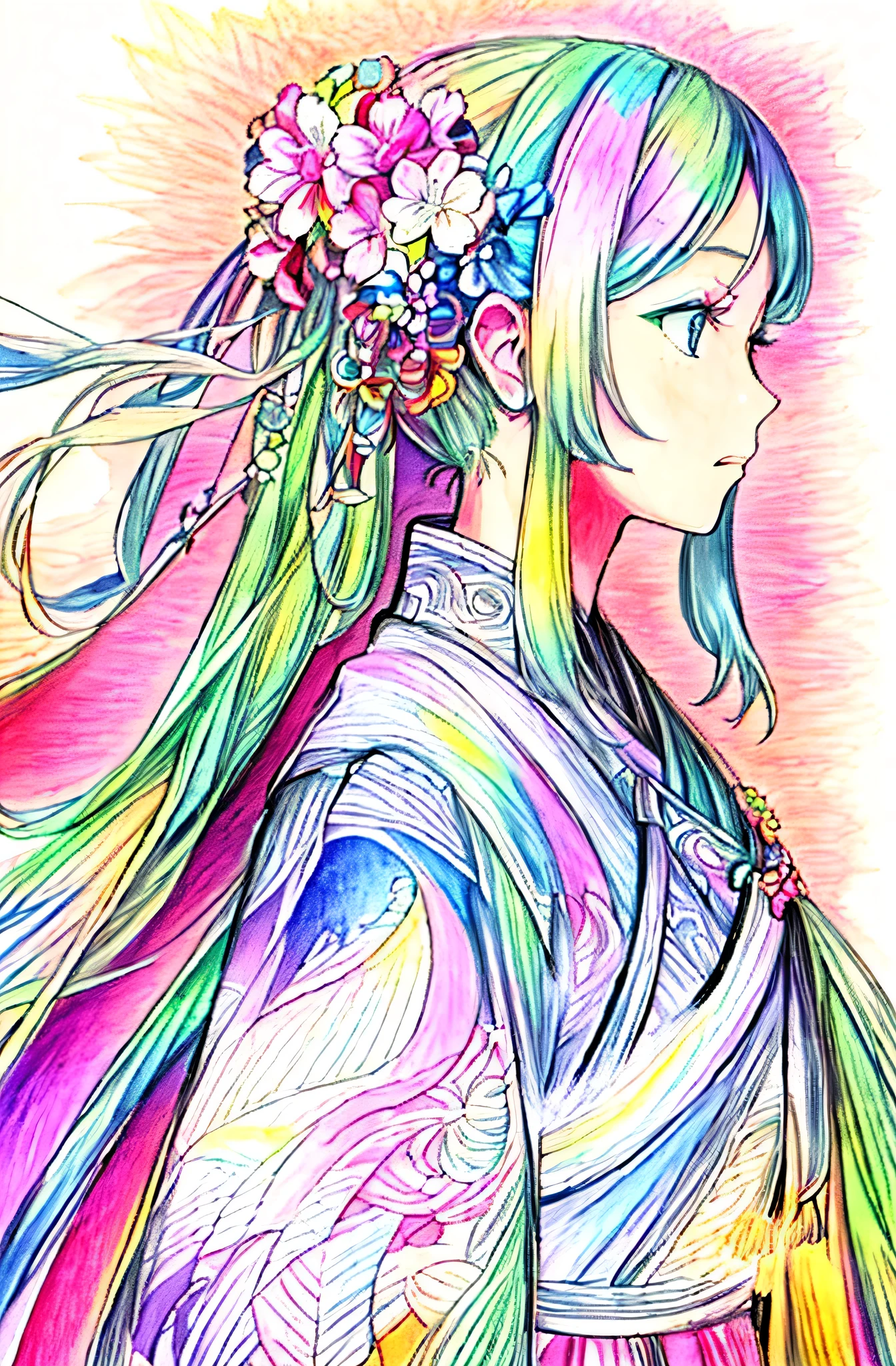 Coloring book using colored pencils, 1girl in, (masutepiece), (Best Quality), (ultra high detailed)
