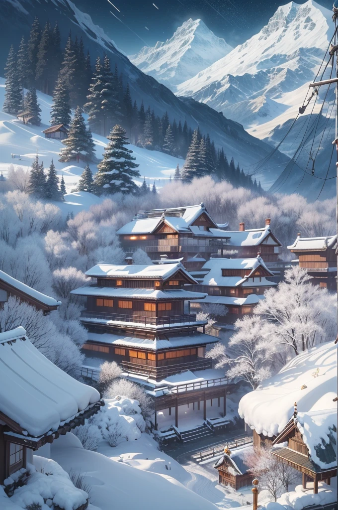 (Best Quality, 8K, masutepiece :1.3), snow mountains, Quiet snow-capped landscape, Breathtaking natural landscapes, Outside, traditional japanese building, quiet mountain resort, A quiet winter wonderland, Snow-covered peaks, Majestic beauty, pristine white snow,
