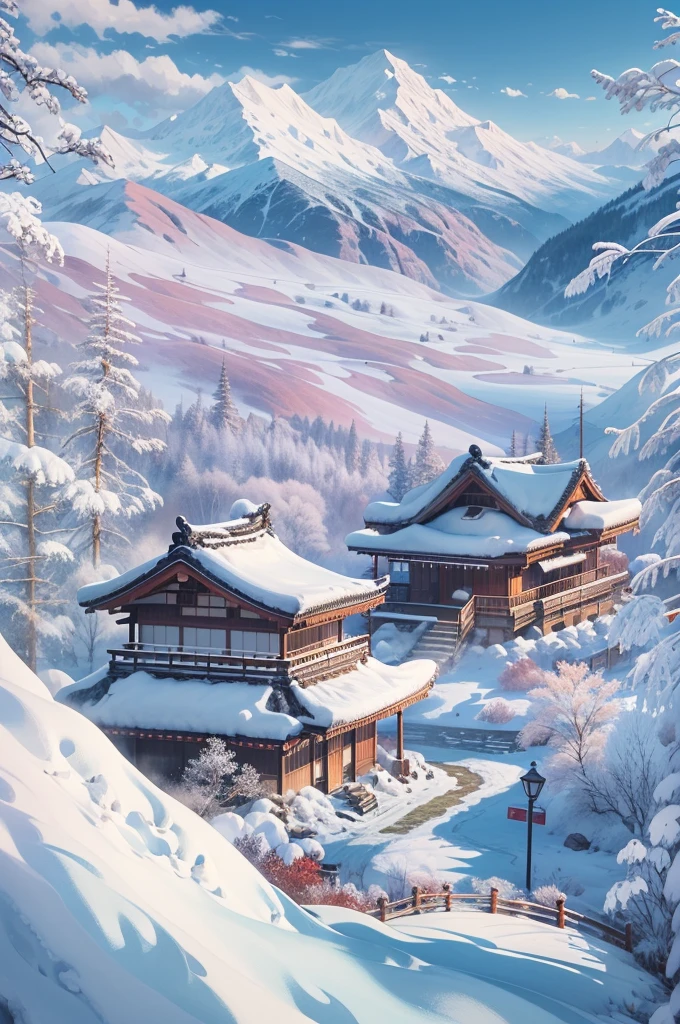 (Best Quality, 8K, masutepiece :1.3), snow mountains, Quiet snow-capped landscape, Breathtaking natural landscapes, Outside, traditional japanese building, quiet mountain resort, A quiet winter wonderland, Snow-covered peaks, Majestic beauty, pristine white snow,