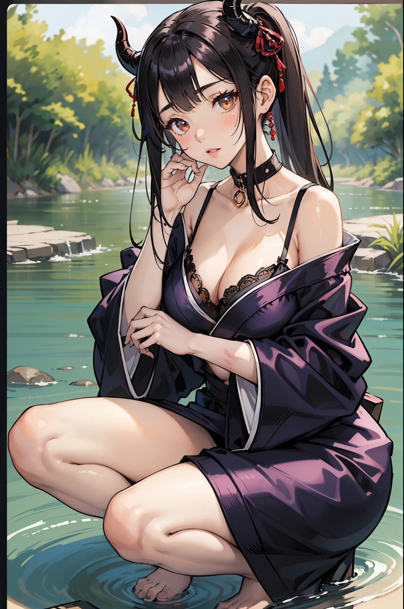(masterpiece, best quality:1.2), nsfw, (1girl, solo), 20years old, (full body, wide shot:1.1), (black kimono, undressing, black bikini bra, bare shoulder), (demon horns:1.1), gleaming skin, squatting on the river side