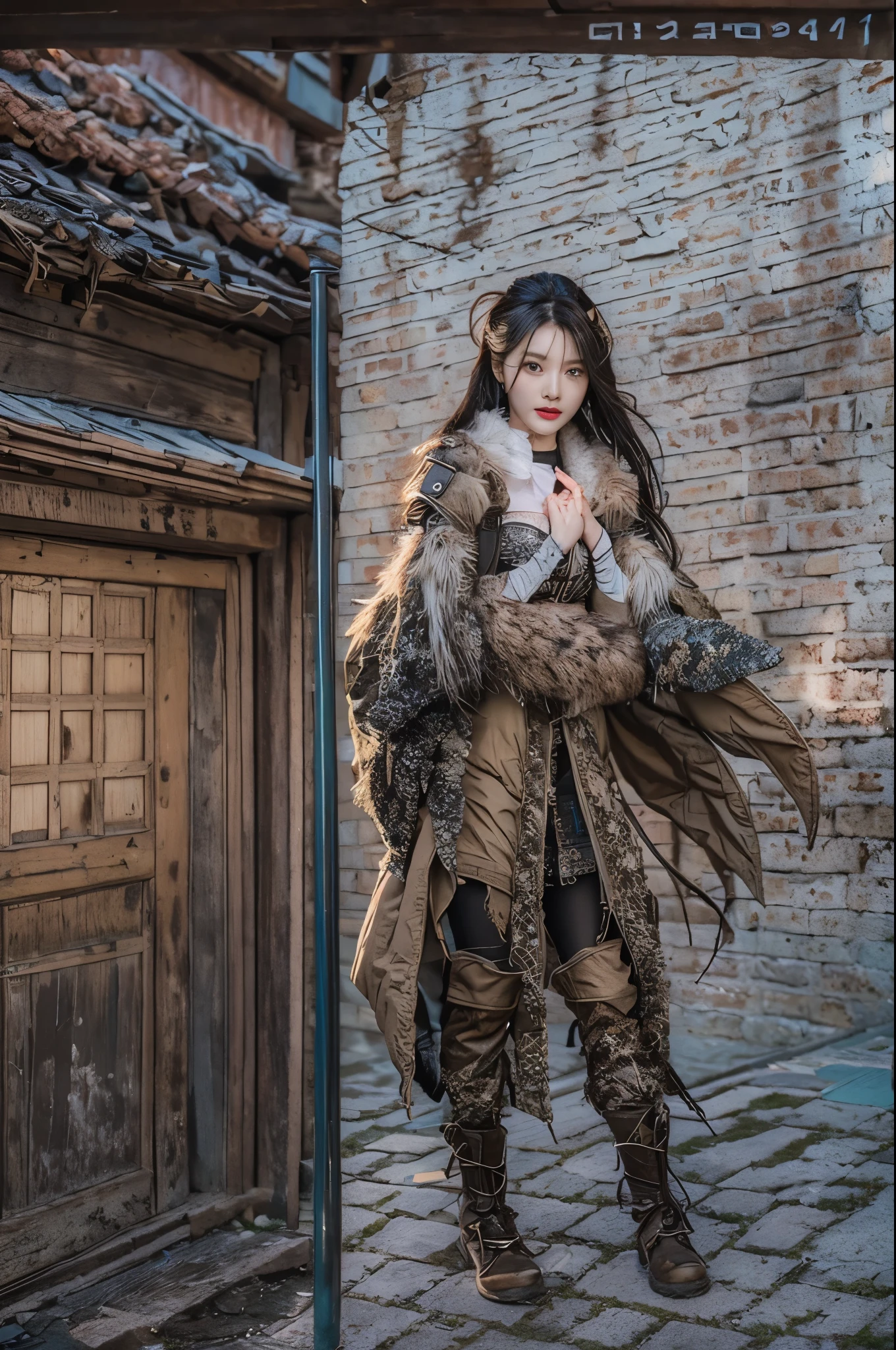 （8K，Best picture quality：1.2），（tmasterpiece：1.37），（photore，realisticlying：1.37），（超高分辨率）， [Chinese|Russian|Japanese|Korean]，A half body，Walking posture，Shooting from front，Slow motion，The old town is undergoing demolition, Houses gradually became vacant, The streets became deserted and dilapidated, 1 girl walked in an empty alley, （Ornately decorated lace armor），（insanely detaillooms：1.5），（highest  quality，Alessandro Casagrande，greg rutkovsky，Sally Mann，concept-art，4K），（simulating：1.2），（High- sharpness），（detailedpupils：1.1），detailed faces and eyes， tmasterpiece， best qualtiy， （Highly detailed photo：1.1）， （longblackhair，pony tails，ecstasy：1.1）， （Young woman：1.1）， Sharp， （perfect bodies：1.1）， realisticlying， Real Shadow， 3D， （a temple background：1.2）， Cross your arms over your chest
photograph：Canan EOS R6， 135mm， 1/1/2.8， ISO 400,