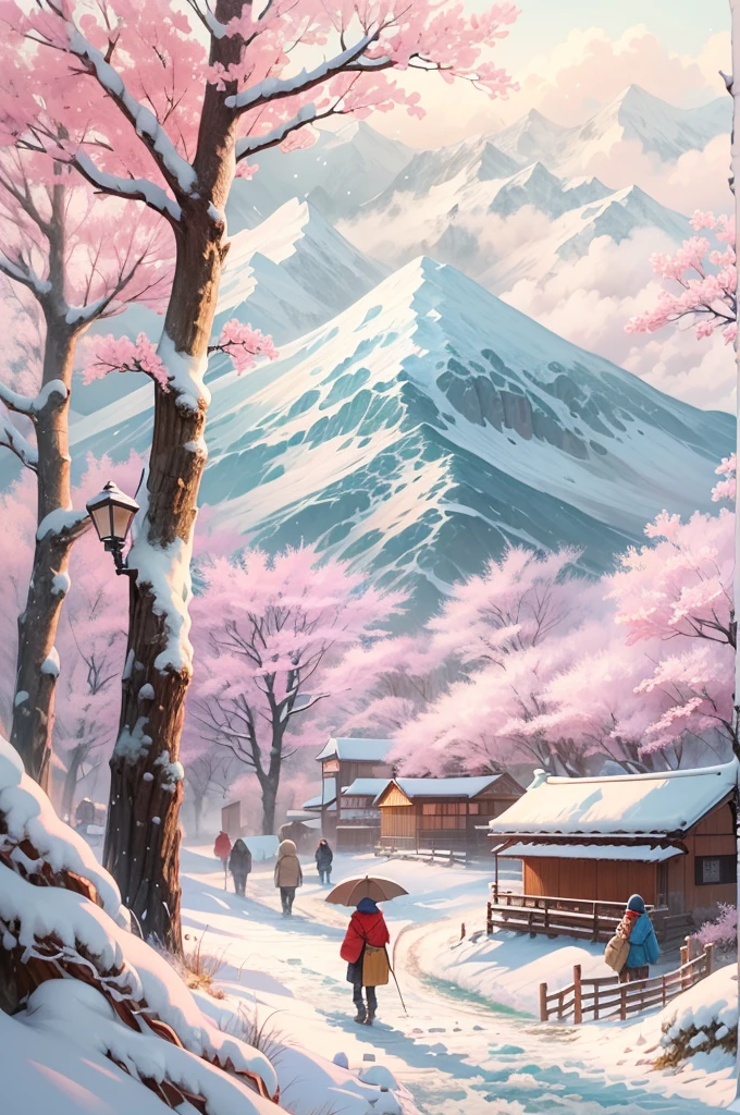 (Best Quality, 8K, masutepiece :1.3), snow mountains, Quiet snow-capped landscape, Breathtaking natural landscapes, Outside, traditional japanese building, quiet mountain resort, A quiet winter wonderland, Snow-covered peaks, Majestic beauty, pristine white snow,