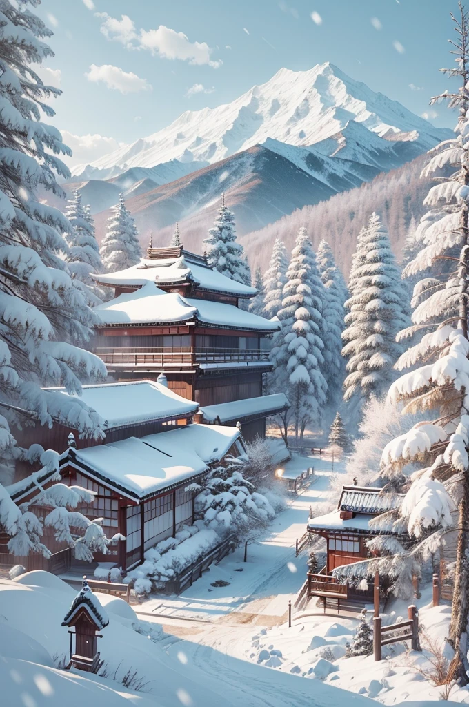 (Best Quality, 8K, masutepiece :1.3), snow mountains, Quiet snow-capped landscape, Breathtaking natural landscapes, Outside, traditional japanese building, quiet mountain resort, A quiet winter wonderland, Snow-covered peaks, Majestic beauty, pristine white snow,