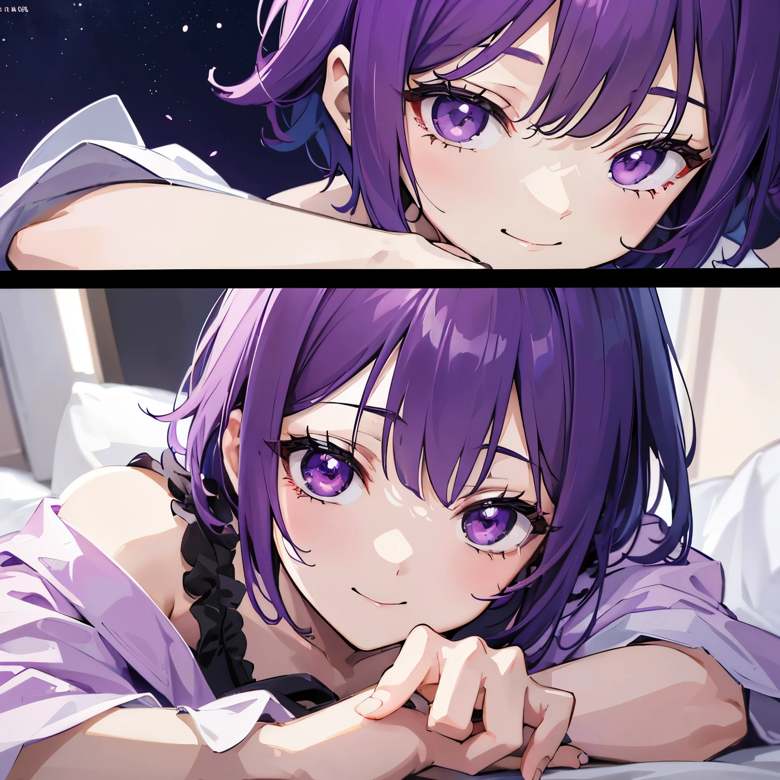 (tmasterpiece，4k wallpaper，best qualtiy))、((girl with１a person))、(独奏)、Brilliant，(Purple hair)、short-cut、a smile、close up of face、nightgown、（natta:1.3)、on the beds、murky