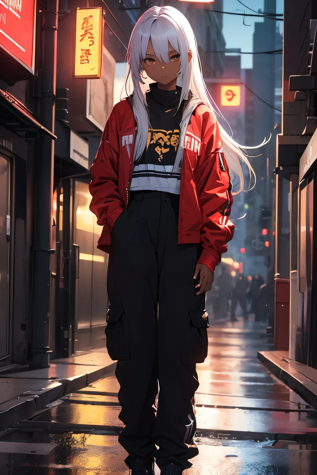 A woman in a red jacket and black pants standing in a city street ...