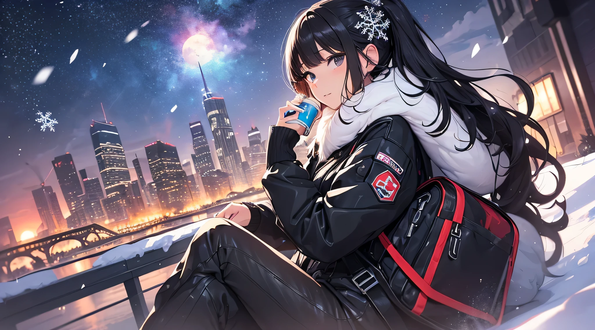 top-quality、Top image quality、​masterpiece、Teenage girl((Black Duffel Coat、Black shirt、Long black trousers、Canned coffee in hand、18year old、 Ager、Best Bust、big bast,Black eyes, Long Black Hair、A slender,Large valleys、Spread your legs apart、sprawl)),hiquality、Beautiful Art、Background with((snow blowing、glowing sun、city nigth 、Yuki、snowflakes falling))​masterpiece、depth of fields,Cinematic style