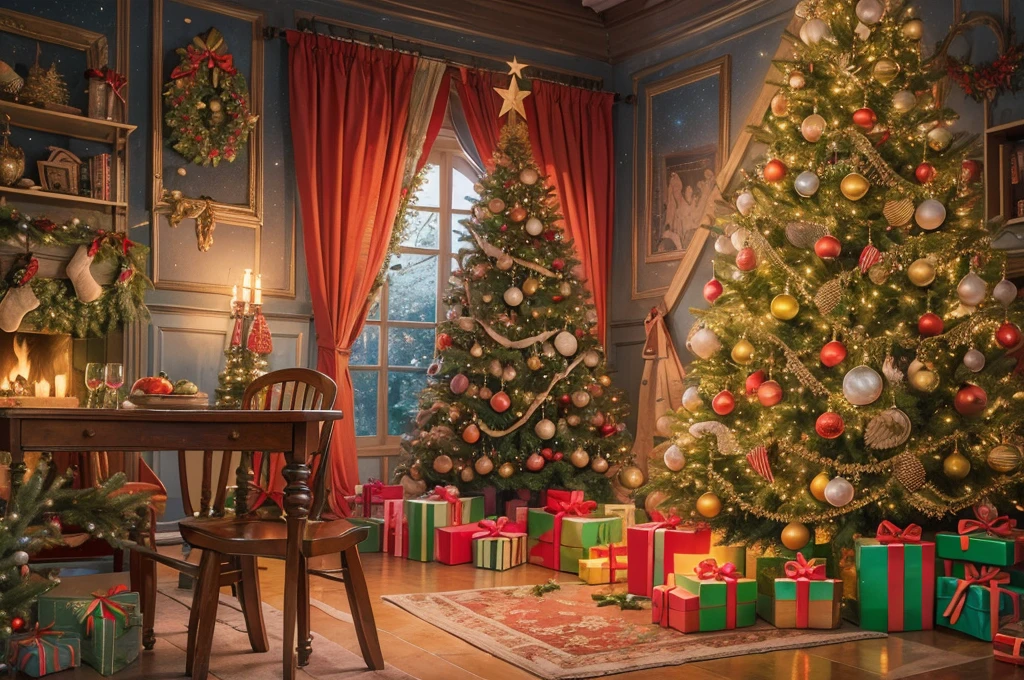 (Best quality at best, 8K, A high resolution, tmasterpiece:1.2), ultra - detailed, (actual, realistically:1.37), vivd colour, magical ambiance, Whimsical, ((sky full of stars，stars shining bright))，(((Use an illustration style))), European style interior house、Christmas decorations、The fireplace is warm、Lanterns hanging on the stairs、Colorful gifts wrapped under the Christmas tree、The floor is piled with gifts、wooden floor、Decorated pine tree、镶wooden floor、Manteaed and green、Christmas atmosphere、传统的Christmas atmosphere、Shaler、Joy Noel、gift tags、Christmas wreath、decorative metal ribbon、Christmas tree lights、Sweets and snacks，Gingerbread Man，(Transparent glow)、房间布置得有浓浓的Christmas atmosphere. A string of shining colored lights hangs on the wall, 窗台上放着Christmas wreath和小雪人, In the corner of the room stands a beautifully decorated Christmas tree. On a table, There are beautiful cutlery and red plates. In the center of the table, Have a sumptuous Christmas feast, Next to it is a bottle of red wine and two exquisite wine glasses, Brings warmth and comfort to the entire room. (Ghibli-style colors, first person perspective, hyper HD, tmasterpiece, Acura, Anatomically correct, ctextured skin, super detailing, high detal, high high quality, Award-Awarded, Best quality at best at best, 8K), hyper realisitc的, Psychedelic, Complicated details, Beautiful texture, Ethereal, like a dream, Soft glowing light, Charming Patterns, fantastical creature, Hidden surprises, dreamlike landscapes, hyper realisitc的 color palette, Mystic aura, hyper realisitc, Enchanting journey, psychedelic trip, vivid imagination, immersive experience, mysterious creature, otherworldly charm, glowing paths, Light up a magical Christmas, hyper realisitc的天空, Whimsical theme park, a magical encounter,Fascinating artwork