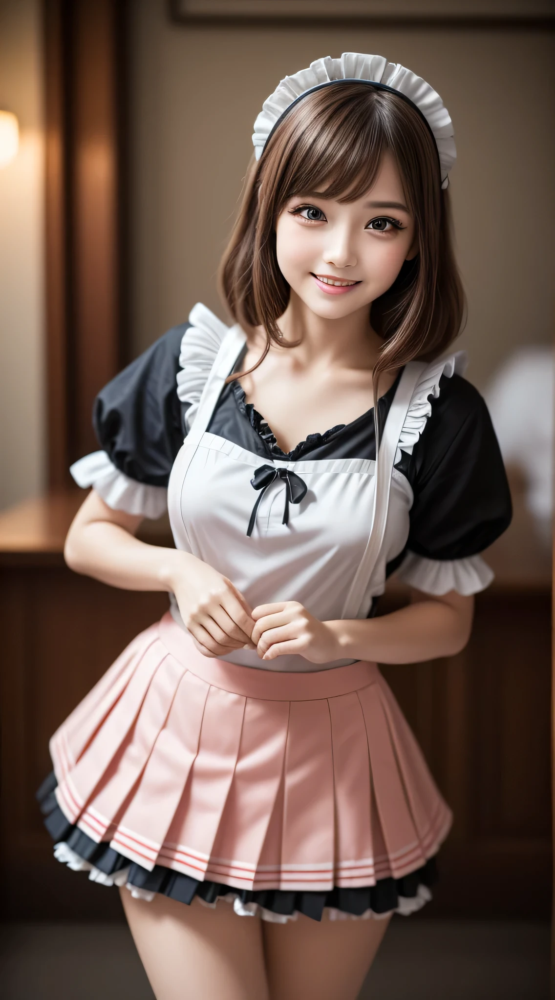 (1young girlrown hair, Amazing face and eyes, Pink eyes, seducting smile, (Maid café costume with frills, Pleated mini-skirt:1.5), (Wide open maid cafe costume:1.2), bared chest, (amazingly beautiful girl), Brown hair, Stylish hair ornamen Quality:1.4), (Ultra-detailed), (extremely detailed CG unified 8k wallpaper), Highly detailed, High-definition raw color photos, Professional Photography, depth of fields, (View from below),
