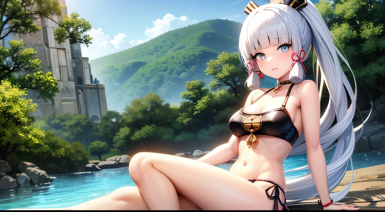 Anime girl, Kamisato Ayaka from gensin impact, in the bikini, white hair, masterpiece, Perfect body, cute face, 4k, ultra hight quality, best quality,