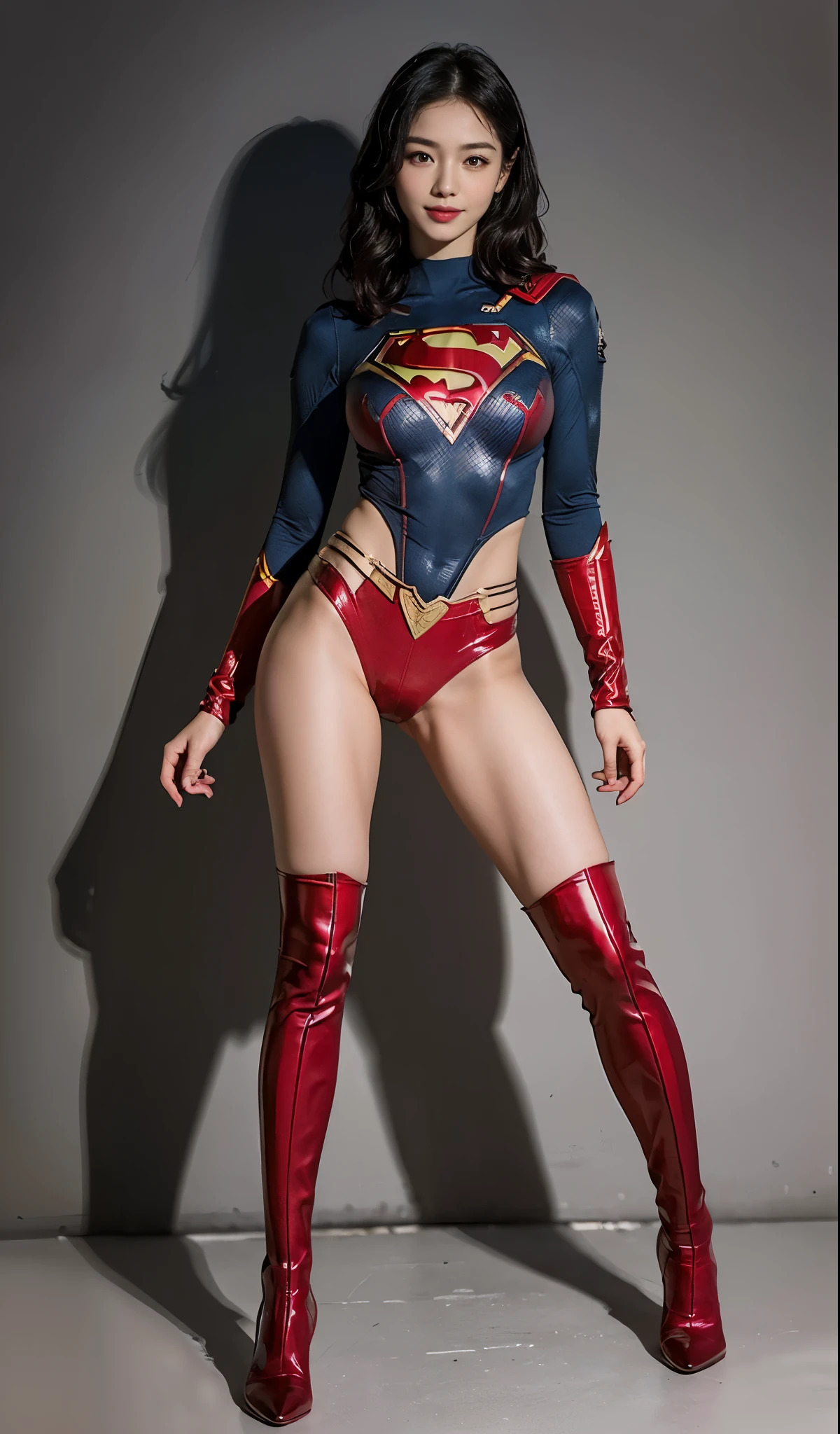 No background、Are sleeping、lying back on、(((Wear black tights on your beautiful legs.)))、(((Grow legs、tall、Legally express the beauty of your smile)))、((((Make the most of the original image)))、(((Supergirl Costume)))、(((beautiful hairl)))、(((Suffering)))、(((Feet must necessarily be worn with black tights)))、(((You need to wear red boots)))、((Top image quality、8K))、((top-quality、8K、masterpiece:1.3))、(((Keep Background )))、Crisp focus:1.2、Beautiful woman with perfect body shape:1.4、Slender Abs:1.2、a wet body:1.5、Highly detailed facial and skin texture、8K