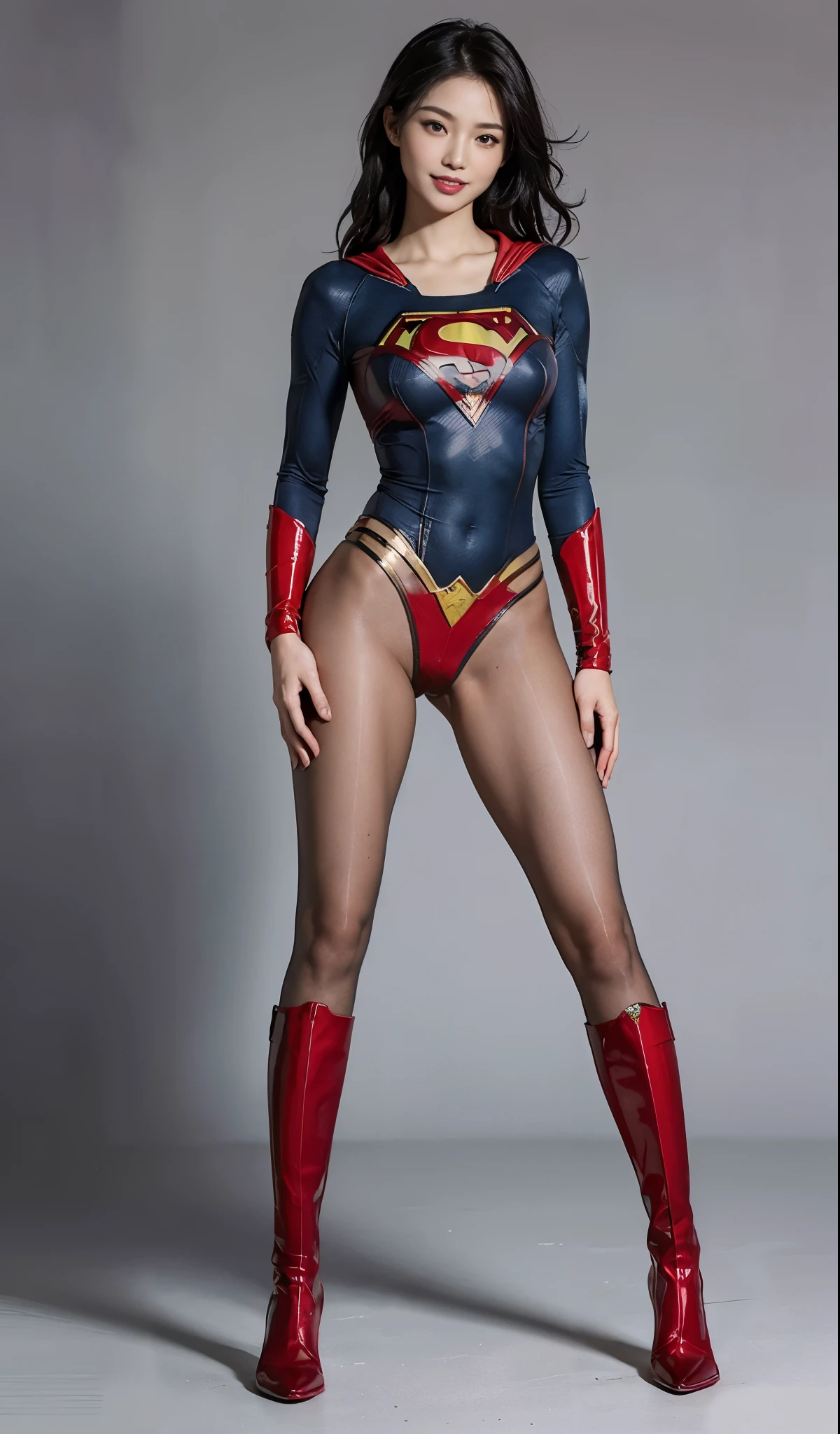 No background、Are sleeping、lying back on、(((Wear black tights on your beautiful legs.)))、(((Grow legs、tall、Legally express the beauty of your smile)))、((((Make the most of the original image)))、(((Supergirl Costume)))、(((beautiful hairl)))、(((Suffering)))、(((Feet must necessarily be worn with black tights)))、(((You need to wear red boots)))、((Top image quality、8K))、((top-quality、8K、masterpiece:1.3))、(((Keep Background )))、Crisp focus:1.2、Beautiful woman with perfect body shape:1.4、Slender Abs:1.2、a wet body:1.5、Highly detailed facial and skin texture、8K