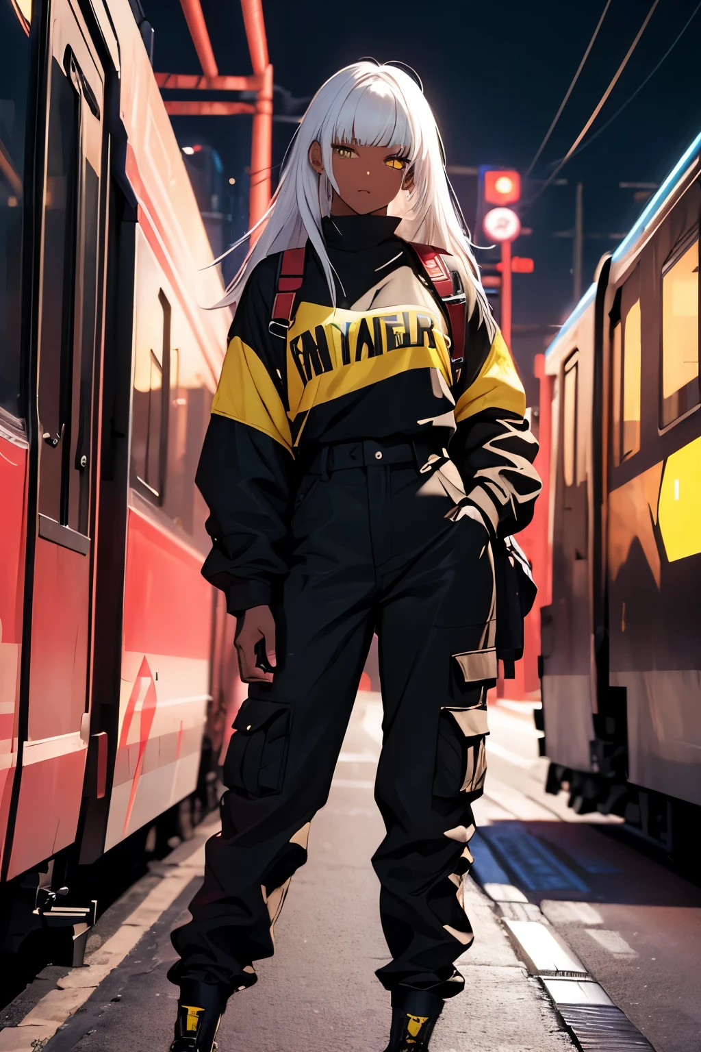 (masterpiece:1.4), 1girl, yellow Streetwear, cargo pants, street, (masterpiece, best quality, highres, ultra detailed ), night, depth of field, absurdreasterpiece:1.4), ultra-detailed, 1girl, dark-skinned, stand up, black and yellow, long black wildly hair with white streaks, tatoos, white hair white lips, cool neon night red environment train backstreet background