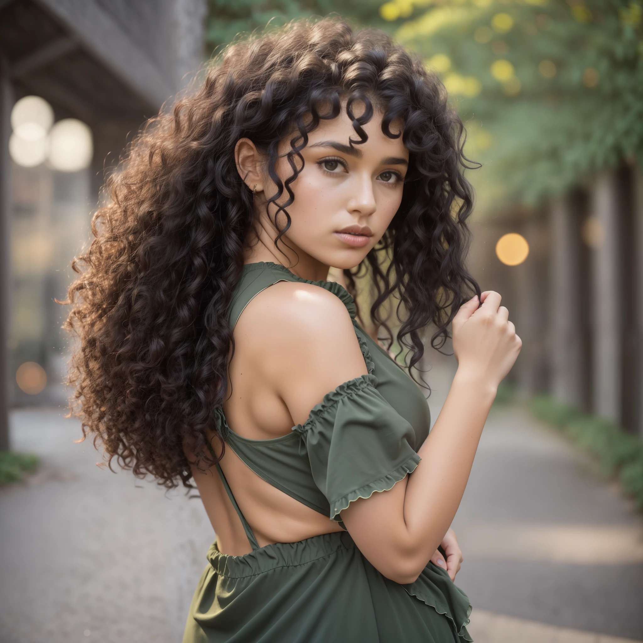 arafed woman with curly hair and a green dress posing for a picture, curly haired, curly dark hair, curly black hair, long curly hair intricate, long dark curly hair, long black curly hair, black curly hair, long braided curly hair, long wild black curly hair, long curly hair, portrait shot, 7 0 mm portrait, black long curly hair, curls