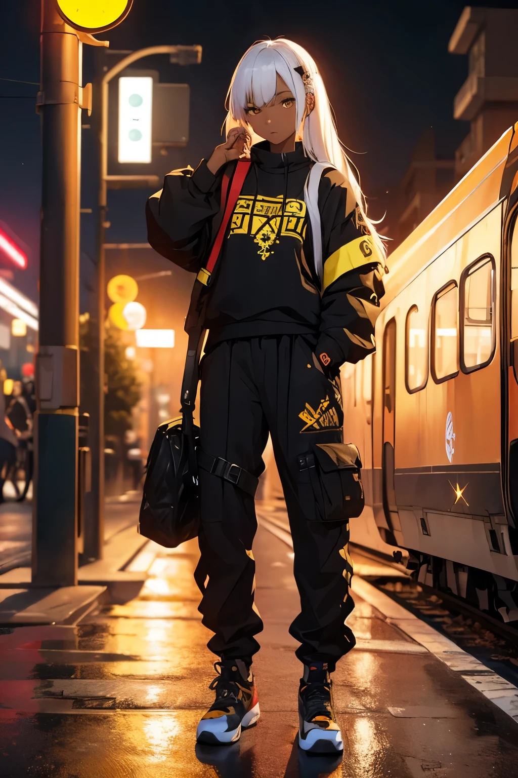 (masterpiece:1.4), 1girl, yellow Streetwear, cargo pants, street, (masterpiece, best quality, highres, ultra detailed ), night, depth of field, absurdreasterpiece:1.4), ultra-detailed, 1girl, dark-skinned, stand up, black and yellow, long black wildly hair with white streaks, tatoos, white hair white lips, cool neon night red environment train backstreet background