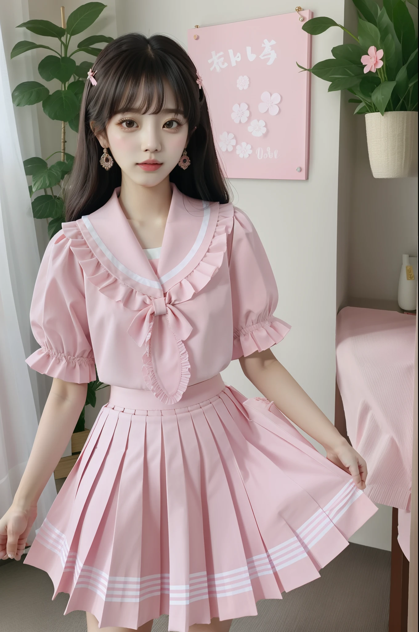 pleated skirt,pink skirt,pink sailor collar,,(非常详细的 CG 统一 8k 壁纸),most beautiful artwork in the world,1girl,The upper part of the body,kpop idol,jisoo,